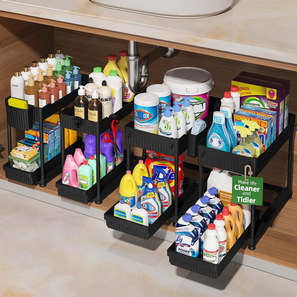 Sevenblue 4 Pack Under Sink Organizer and Storage,Bathroom Organizers, Multi-Use Under Sink Organizer for Bathroom and Kitchen with Sliding Drawer, Hang Hooks and Cups(Black,4 Pack)