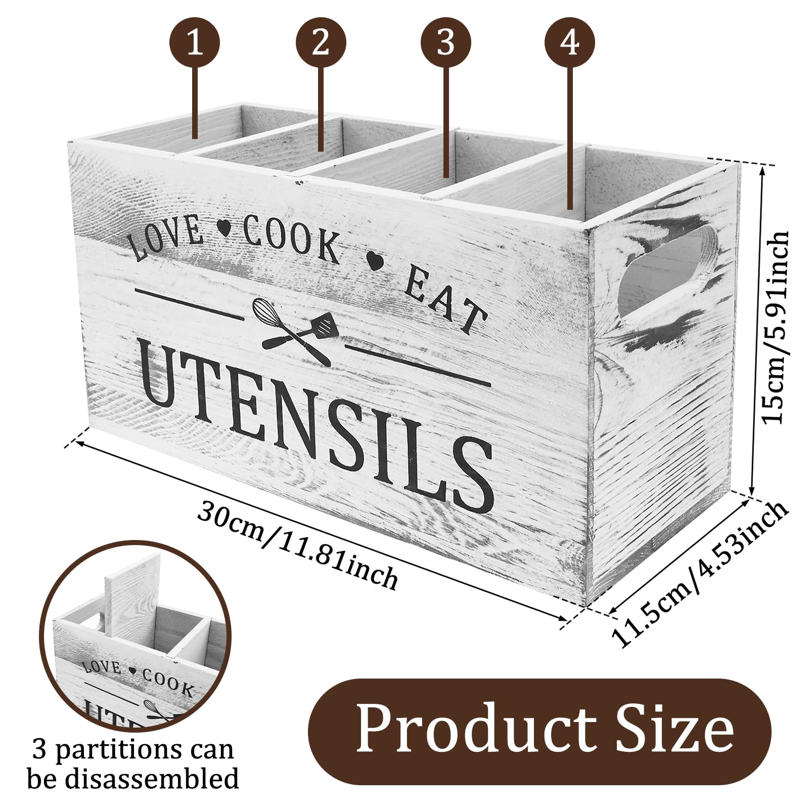 Wooden Kitchen Utensil Holder with 4 Compartments, Wooden Utensil Organizer with Drainage Bottom, Cooking Storage Utensils Caddy for Farmhouse Countertop Decor, 11.8 x 4.5 x 5.9 Inch (Burlywood)