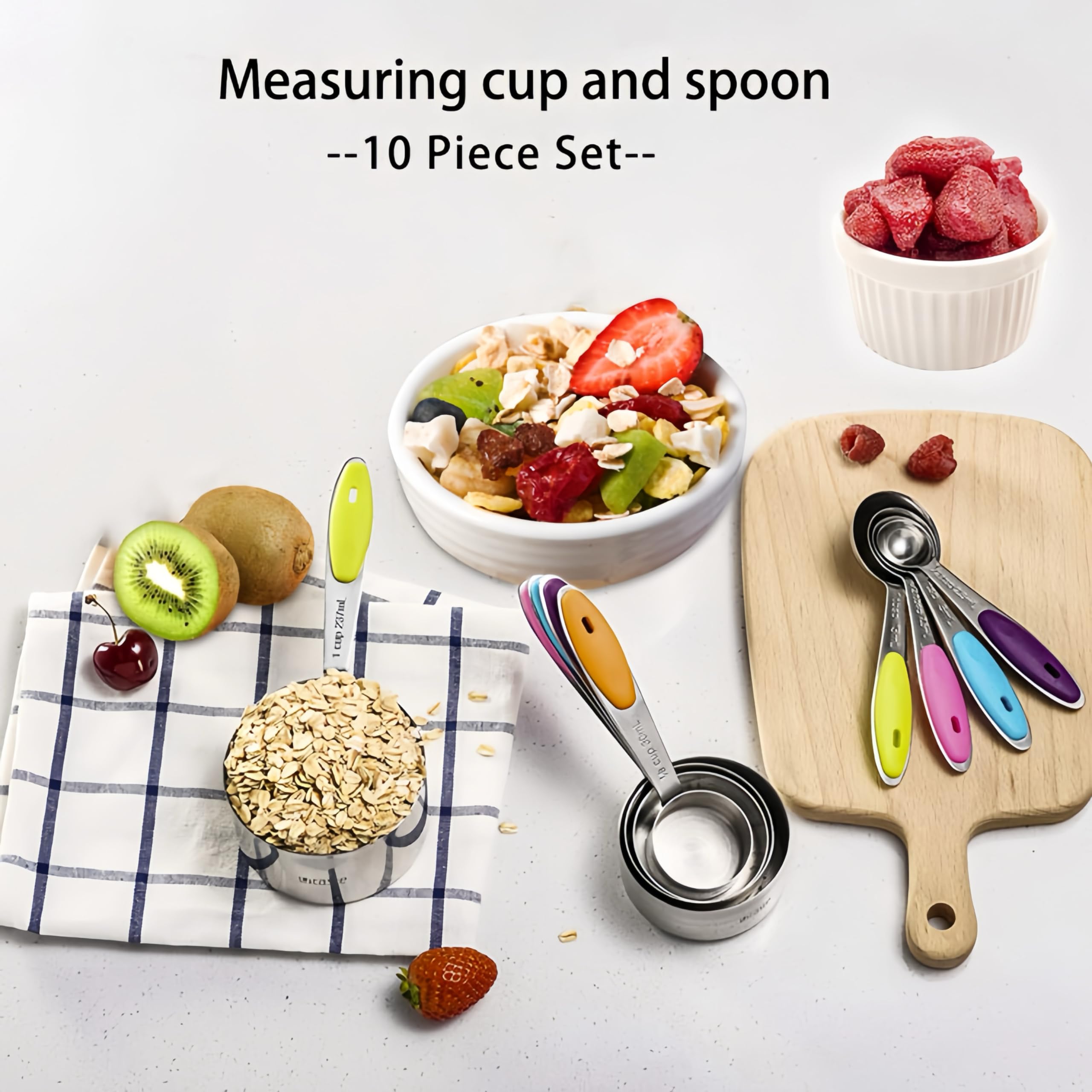 10 PCS Measuring Cups and Spoons Set,Nesting Stainless Steel Measuring Cups with Soft Touch Silicone Handles, Measuring Dry and Liquid Ingredients,Metal Measure Cups for Kitchen Cooking and Baking