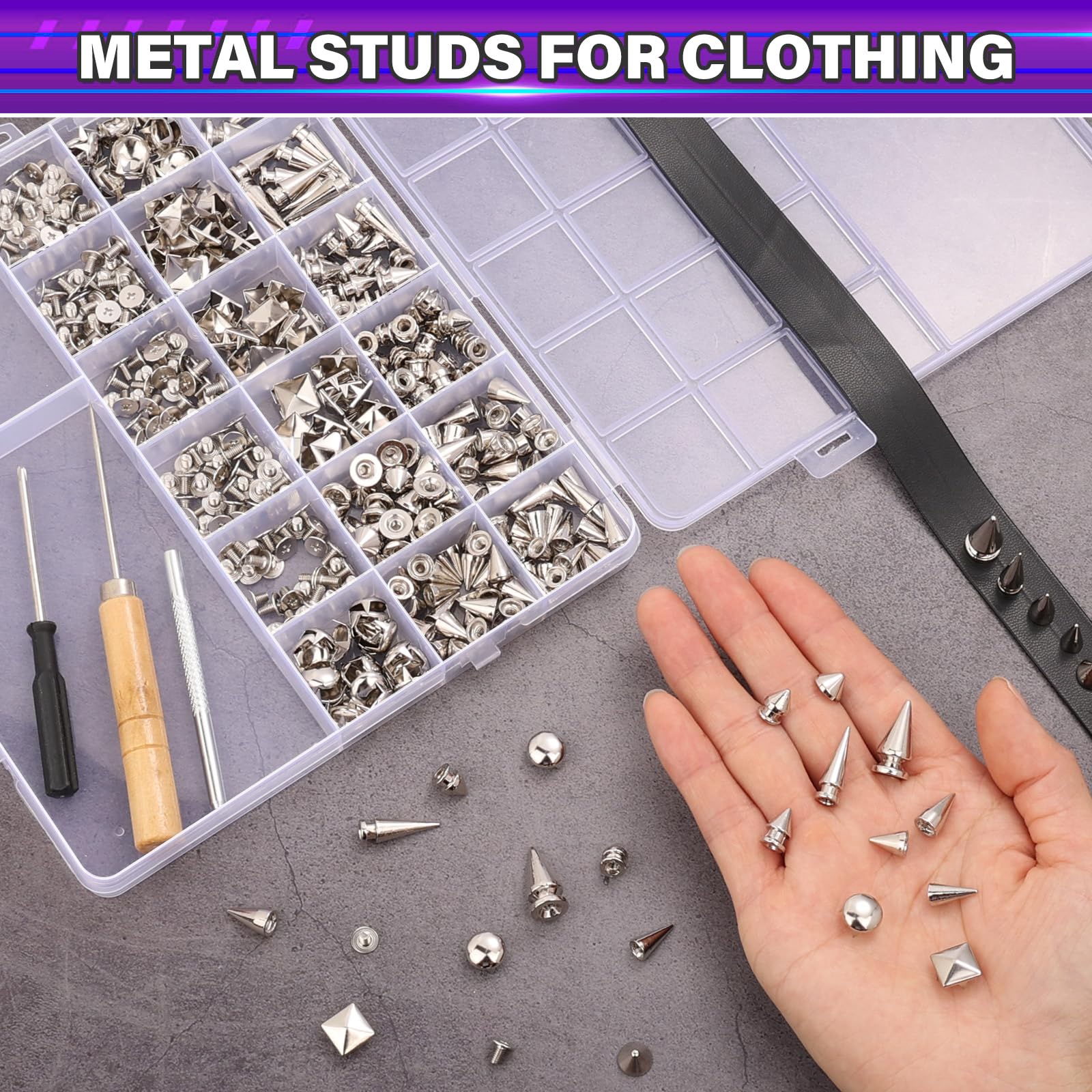 Jollidecor 455 PCS Punk Studs for Clothing, 10 Size Metal Spikes and Studs Leather Rivets for Craft, Square Pyramid Studs Round Dome Rivets DIY Punk Style Decoration for Clothes Shoes Belts Dog Collar