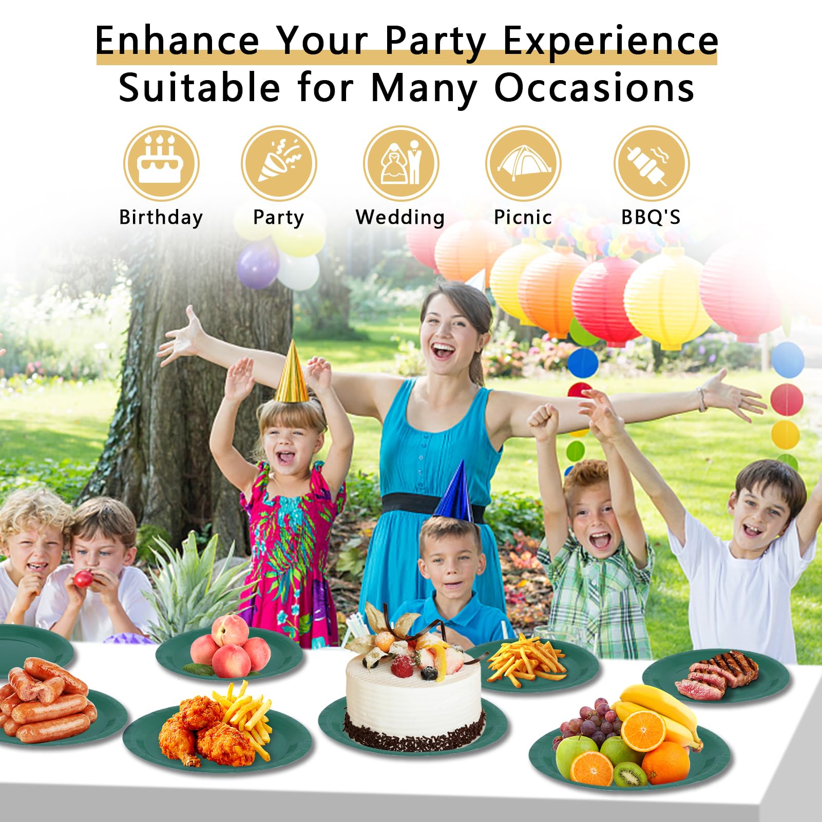PYAILI Party Paper Plates, 50-Pack Disposable Dark Green Plates, Foil Polka Dots, 23 Centimetres-9 Inch