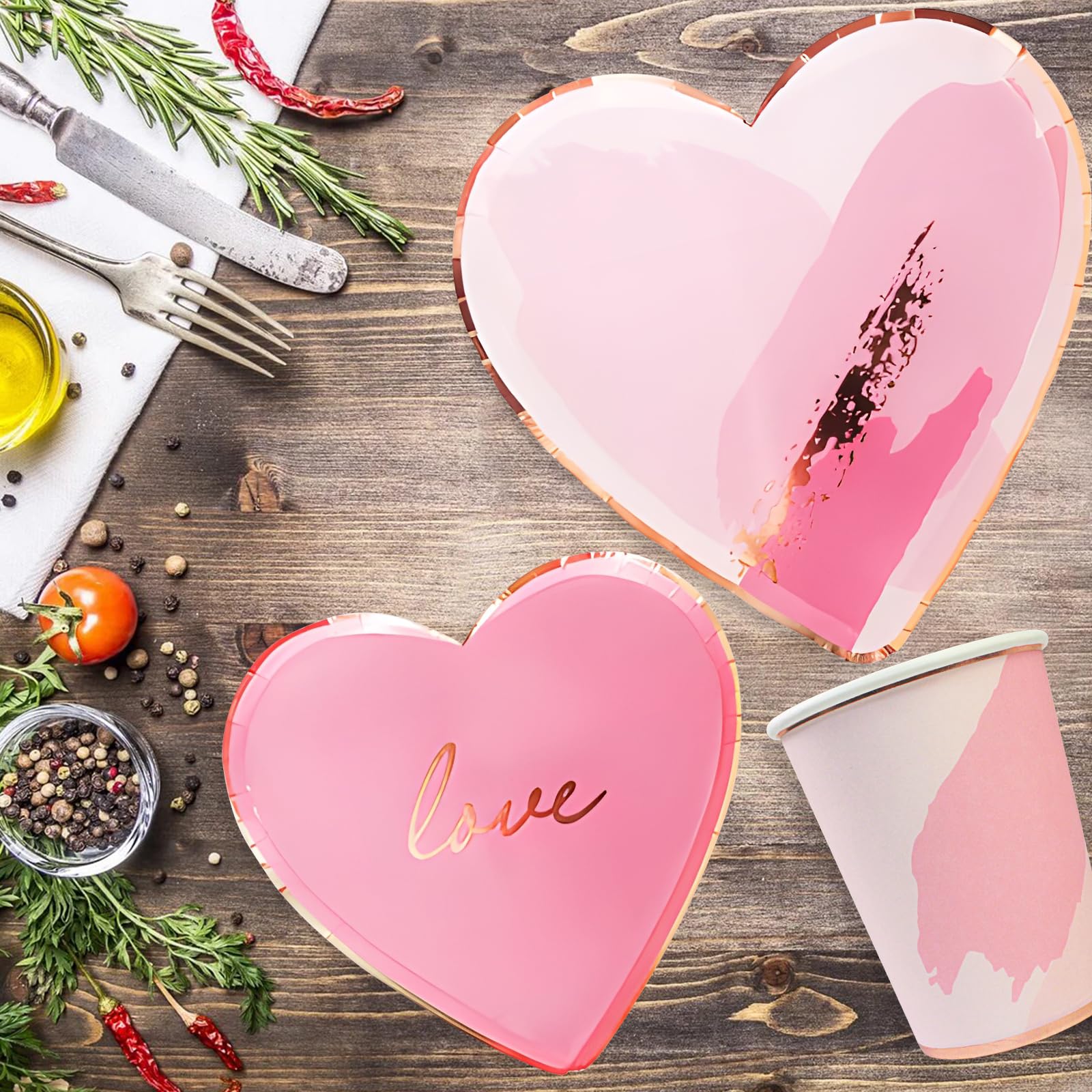 Dulousia Pink Heart Shaped Party Tableware - Disposable Wedding Engagement Paper Plates Cups Napkins, Valentine’s Day, Baby Shower, Mother’s Day Tableware, Marry Me LOVE Themed Party Supply 68pcs