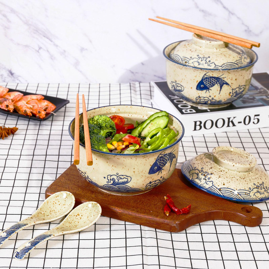 800ml Ceramic Ramen Bowl Set with Lid, Spoon and Chopsticks, Large Soup Bowls Japanese Vintage Instant Noodle Bowl Asian Tableware (Fish * 1)