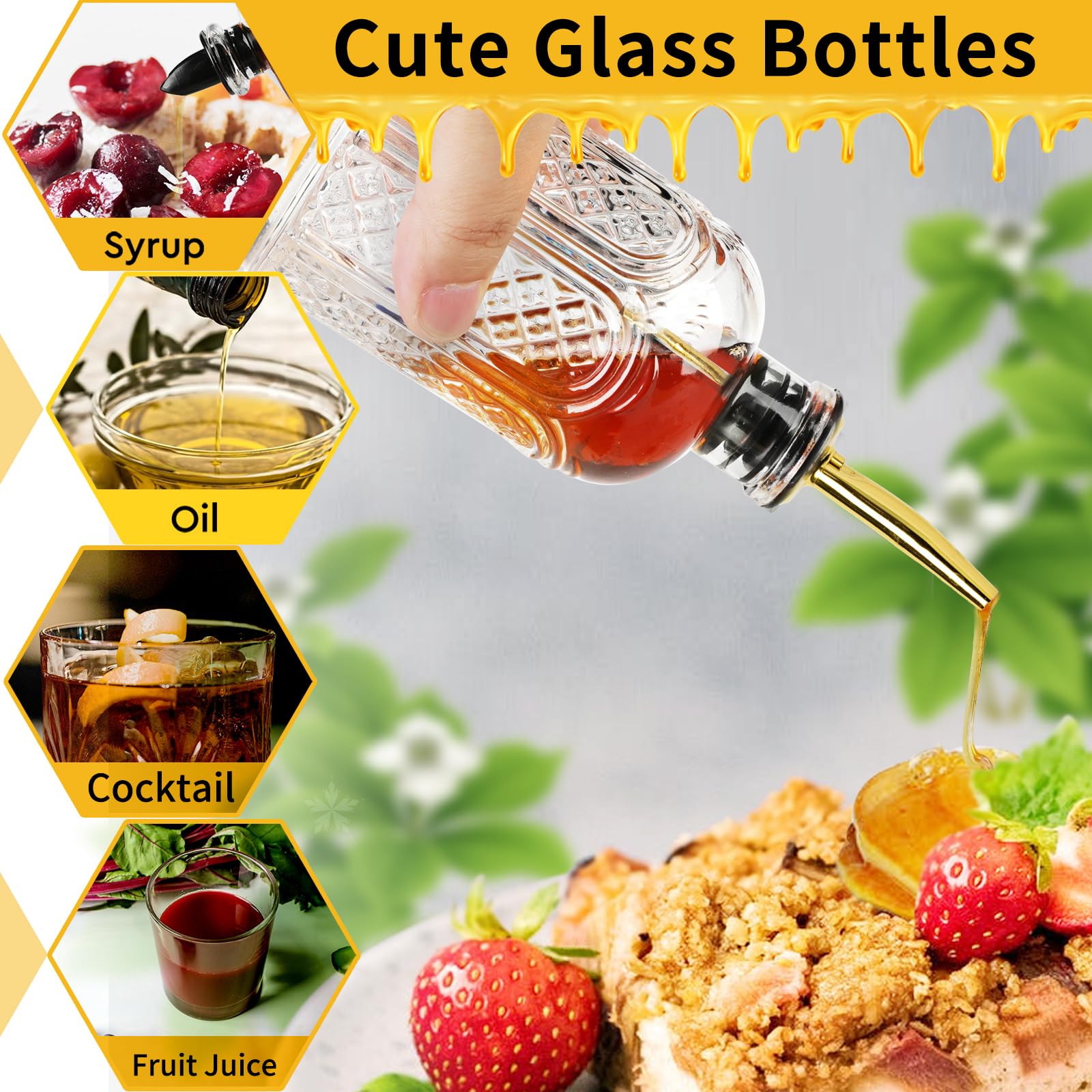 INFTYLE Coffee Syrup Dispenser Olive Oil and Vinegar Glass Bottle Set of 6 Ideal for Kitchen, Coffee Bar, Clear Simple Small Syrup Bottles, with Leak-Proof Lids, Pour Spout, Glass Stopper
