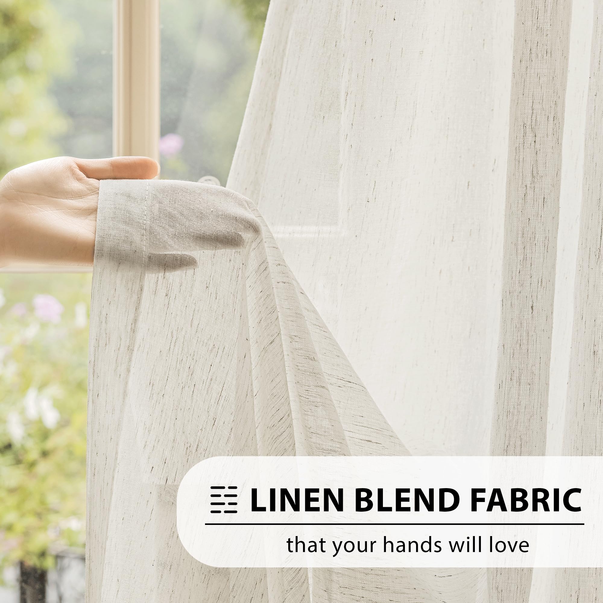 FMFUNCTEX Flax Linen Sheer Curtains for Living Room, Natural Curtains 84 Inches Long for Bedroom, Farmhouse Country Rustic Curtains Semi Sheer Drapes Rod Pocket Window Curtains 2 Panels Beige