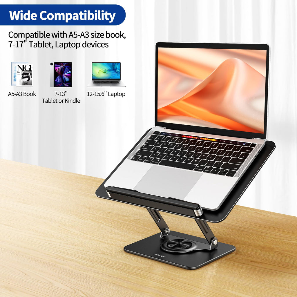 BESIGN BS02 Book Stand for Reading, Adjustable Book Holder, Ergonomic Laptop Stand with Elastic Page Clips for Music Scores, Recipe, Tablet, Laptop (Black)