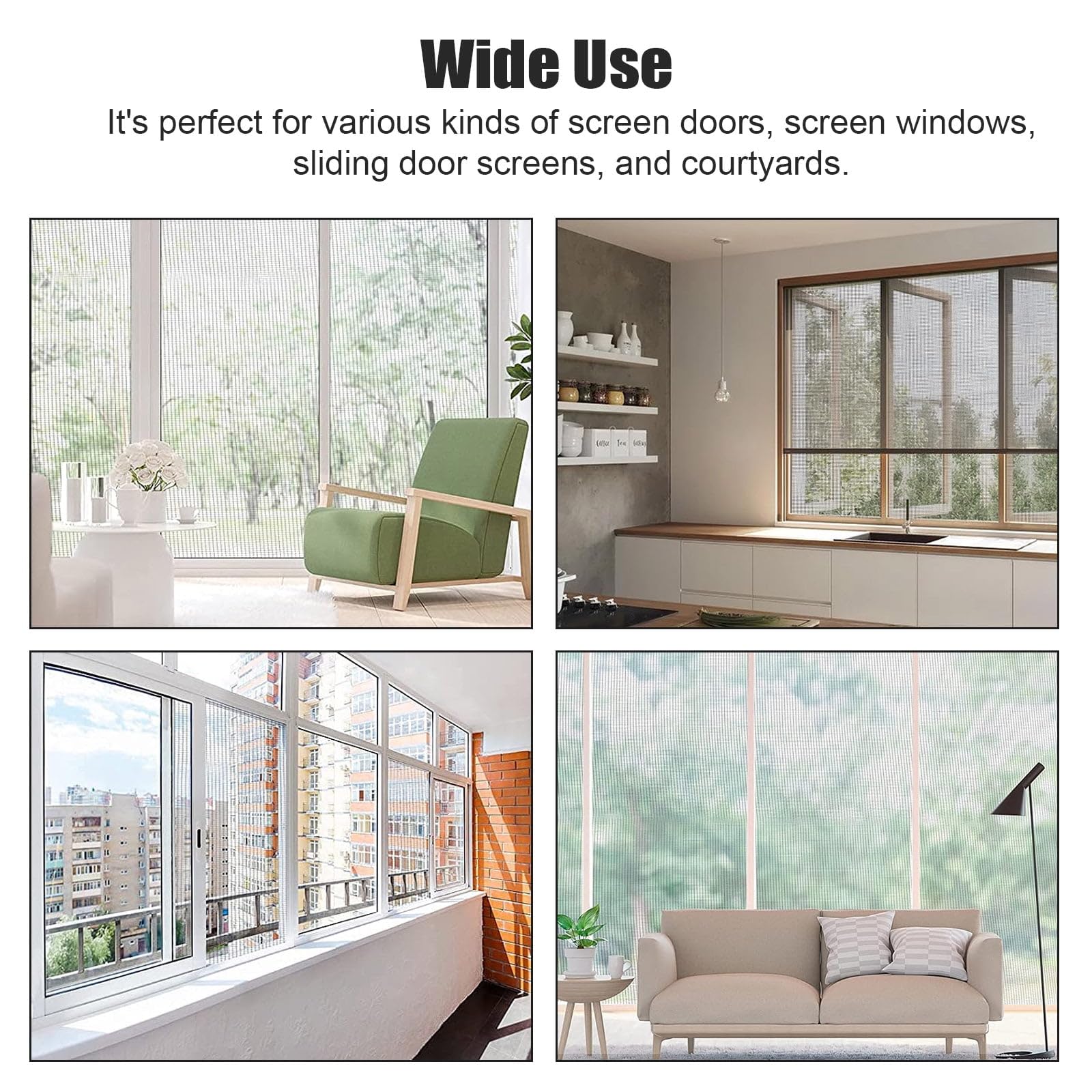 Screen Door Repair Kit Replaceable, 47" x118" Window Screen Repair Kit,Fiberglass Screen Door Mesh with 64ft Spline/Hook/Rolling Tool for Patio Door, Sliding Screen Door Pet Door (120x300cm, Black)