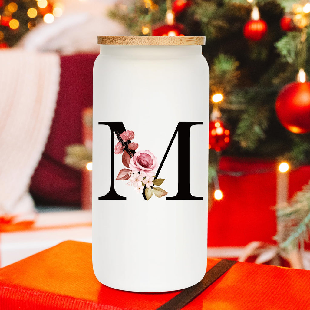 Personalized Gifts for Women, Monogrammed Frosted Glass Tumbler with Straw and Lid, Cute Customized Mug, Custom Initial Iced Coffee Glasses, Customizable Drinking Cup, Birthday Teacher Woman, J