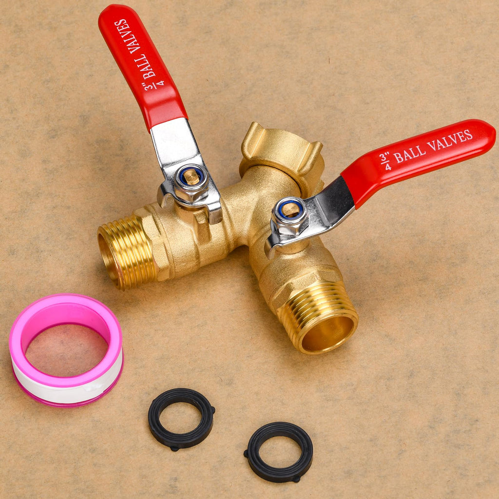 XIBETEO Heavy Duty Brass Garden Hose Splitter 2 Way with Stainless Steel Long Handle 3/4" GHT Thread Hose Y Valve Garden Hose Connector with Seal Tape and Washers