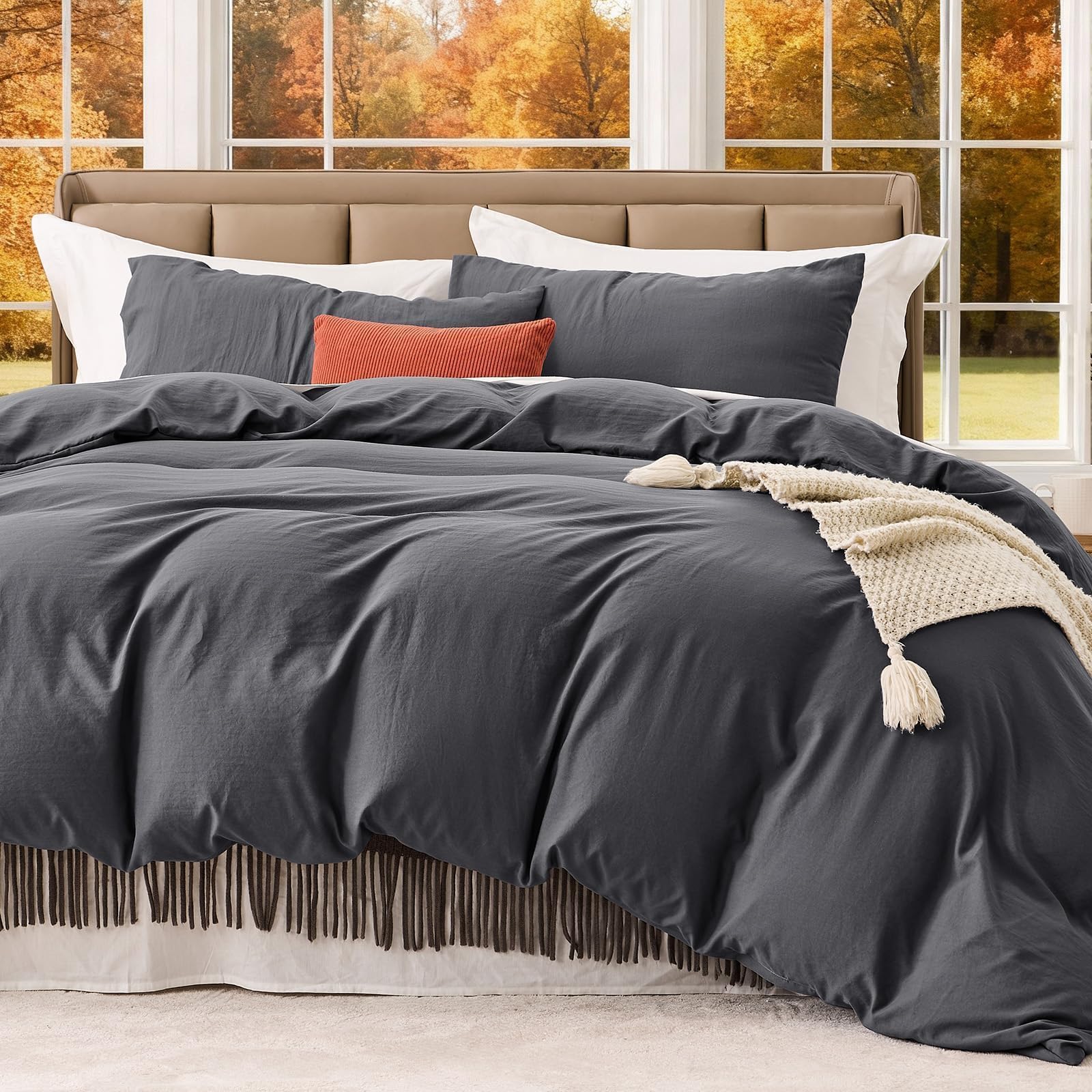 SASTTIE Duvet Cover Queen, 3-Piece Prewashed Ultra Soft Queen Bedding Set - Features Zipper Closure and Corner Ties, Includes 1 Duvet Cover 90x90 Inch & 2 Pillowcases, No Comforter, Dark Grey