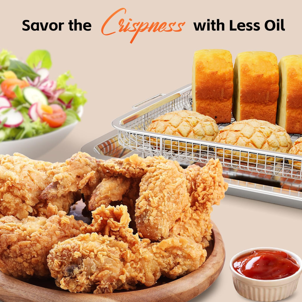 Krzaw Large Air Fryer Basket for Oven with 30 PCS Parchment Paper, Non-Stick Stainless Steel Crisper Tray and Pan Set for Baking Grilling Fries Bacon Chicken (15.6"X11.6")
