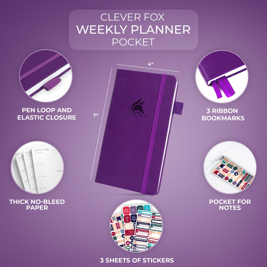 Clever Fox Pocket Planner Weekly – Undated Monthly Goal Planner and Calendar for Increasing Productivity, Mini Planner Perfect for Purse, Size: 3.7" x 6.7", Start Anytime, Lasts 1 Year – Purple