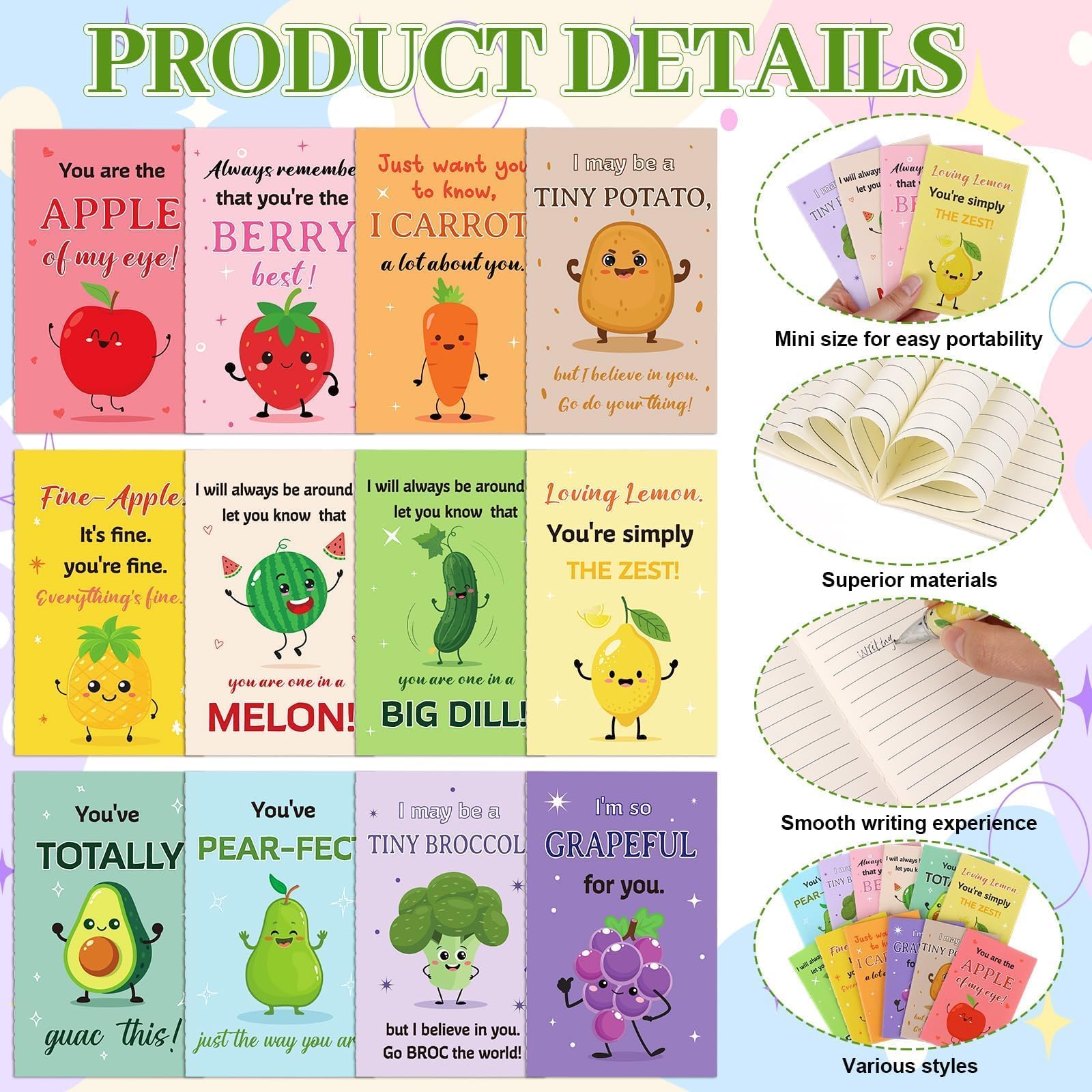 24 Sets Employee Appreciation Gifts Bulk Inspirational Mini Notebook with Pens Cute Fruit Vegetable Pun Design Motivational Pocket Notepads Positive Gifts for Coworker Staff Volunteer Teacher Student