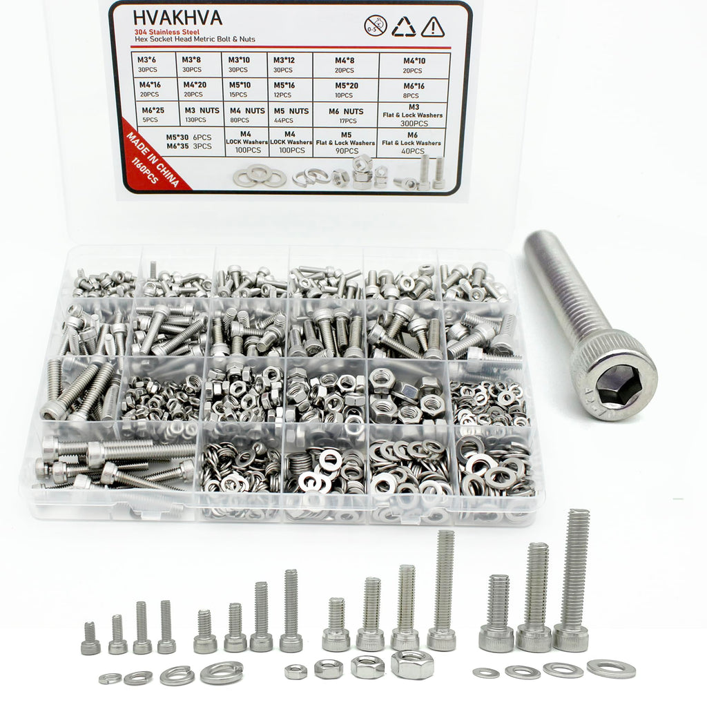 HVAKHVA 1160 pcs M3/M4/M5/M6 Metric Hex Head Socket Cap Bolt & Nut Assortment, 304 Stainless Steel Machine Screws with Flat & Lock Washers,Length 6 to 35 mm