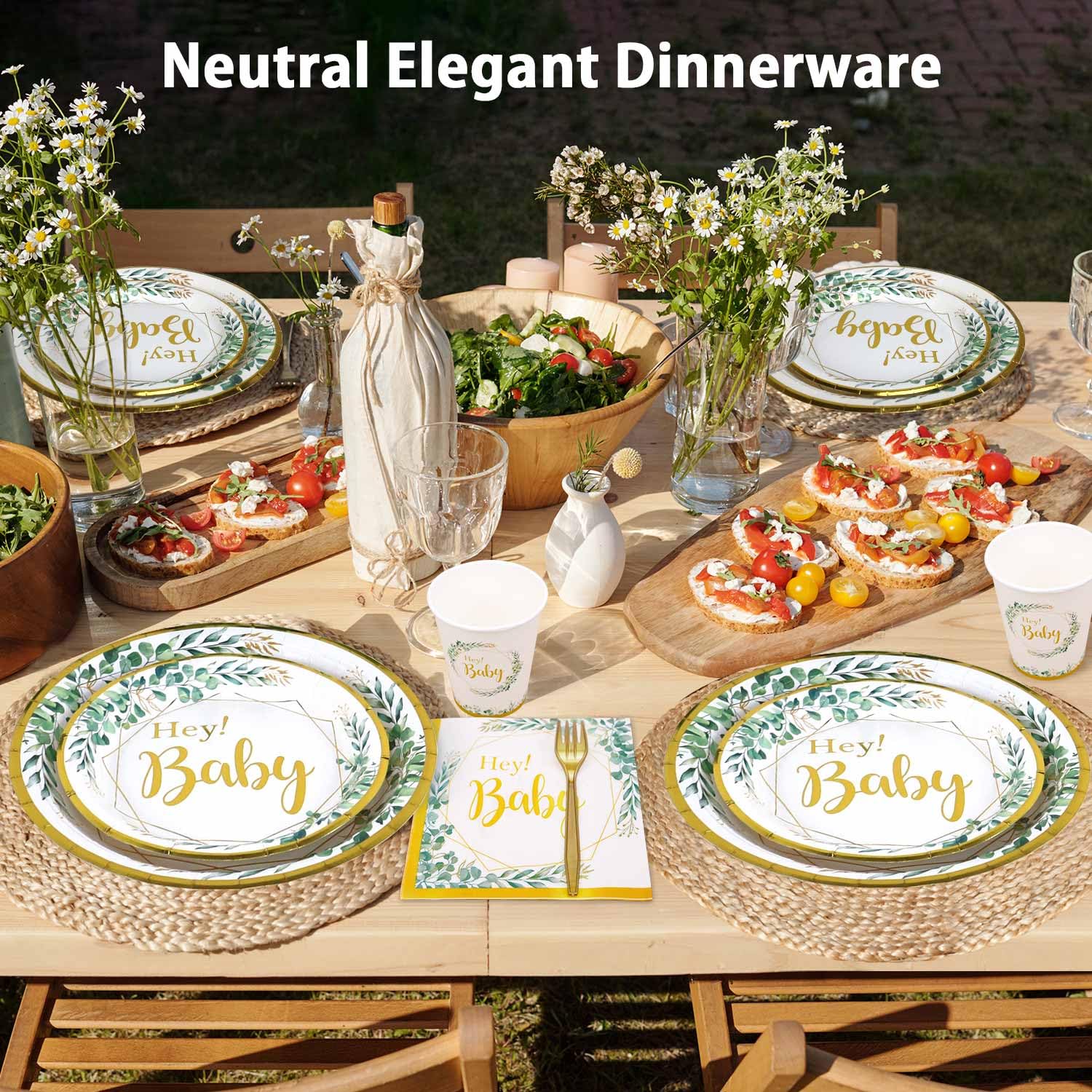 125pcs Sage Green Baby Shower Decorations for Boy or Girl - Neutral Tableware Set for 25 Guests | Eucalyptus Gold Foil Plates Cups and Napkins Straws Cutlery for Welcome Baby Fille Party Supplies