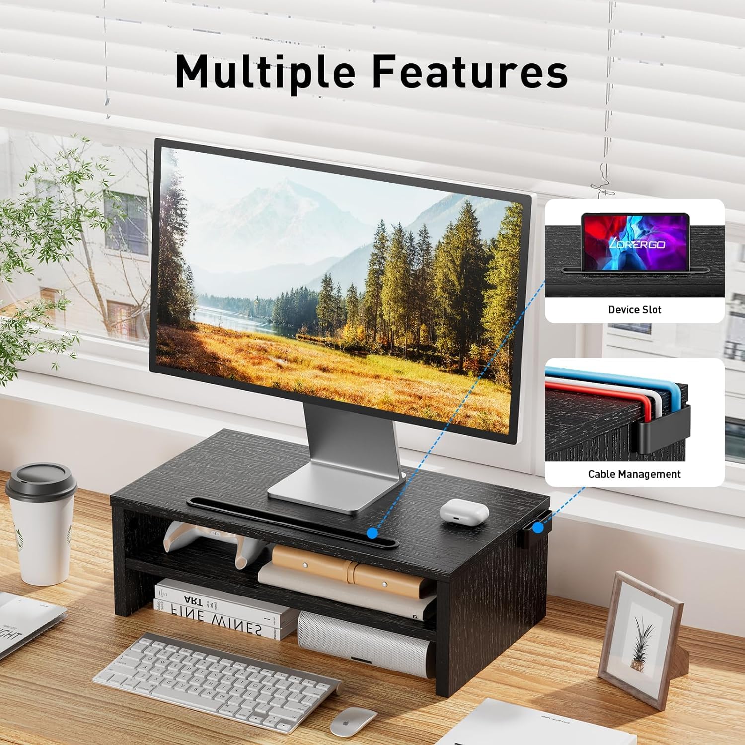 LORYERGO Monitor Stand, Monitor Riser, 2 Tier Computer Stand, Monitor Stand Riser w/Cellphone Holder & Storage Space, Desk Stand 16.5 inch for Laptop, Printer, PC, for Home & Office -LEMS09