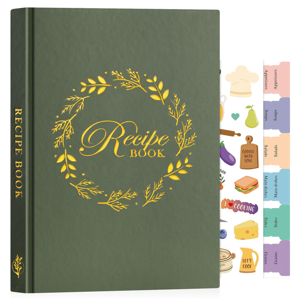 Lanpn B5 Blank Recipe Book Cookbook to Write in Your Own Recipes, Leather Cover Waterproof Empty Cooking Journal for 70 Recipes, Recipe Notebook with Stickers to Organize Your Family Recipes, Green