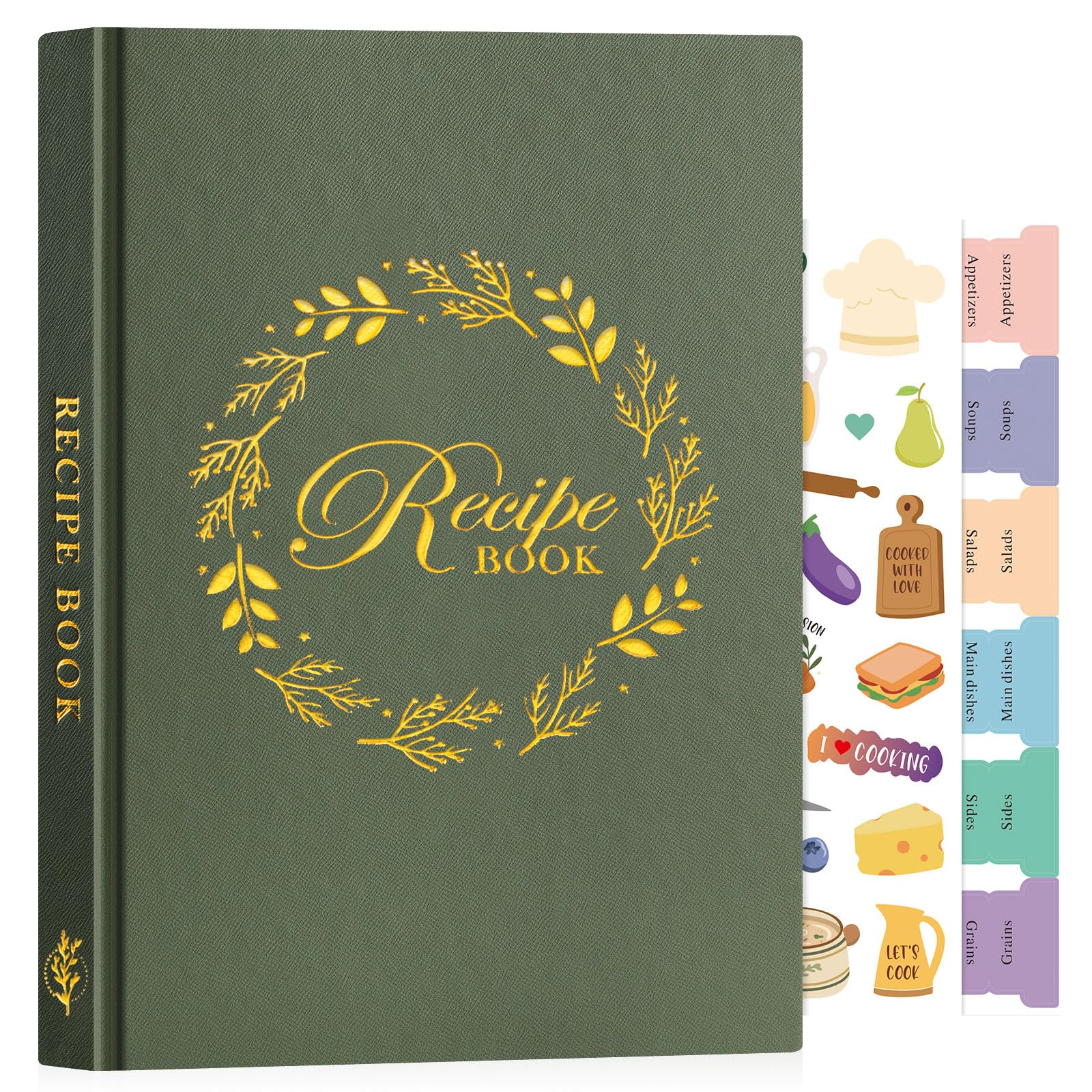 Lanpn B5 Blank Recipe Book Cookbook to Write in Your Own Recipes, Leather Cover Waterproof Empty Cooking Journal for 70 Recipes, Recipe Notebook with Stickers to Organize Your Family Recipes, Green