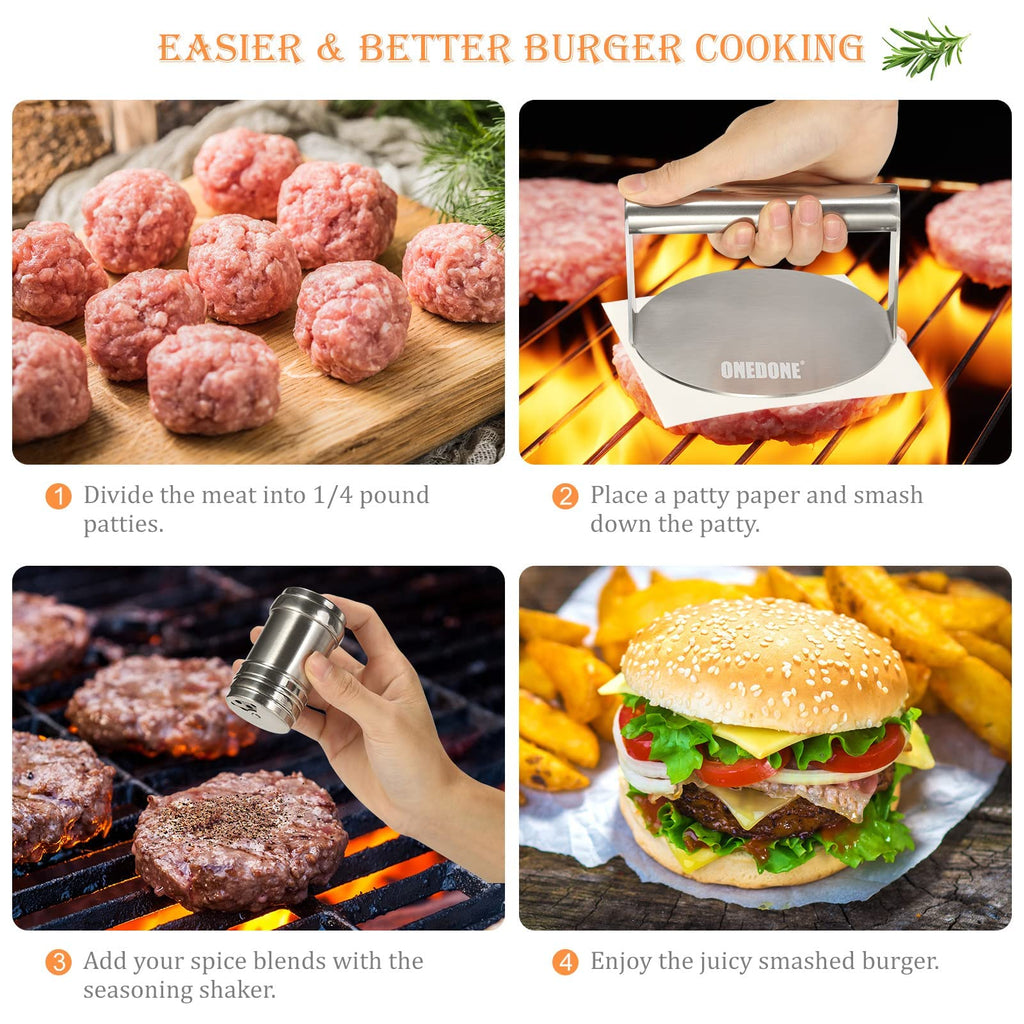 ONEDONE Burger Press Stainless Steel Smash Burger Press 5.5 inch for Griddle w/Seasoning Shaker & 100 Patty Paper, Burger Iron Grill Press Griddle Accessories Kit Griddle Cooking