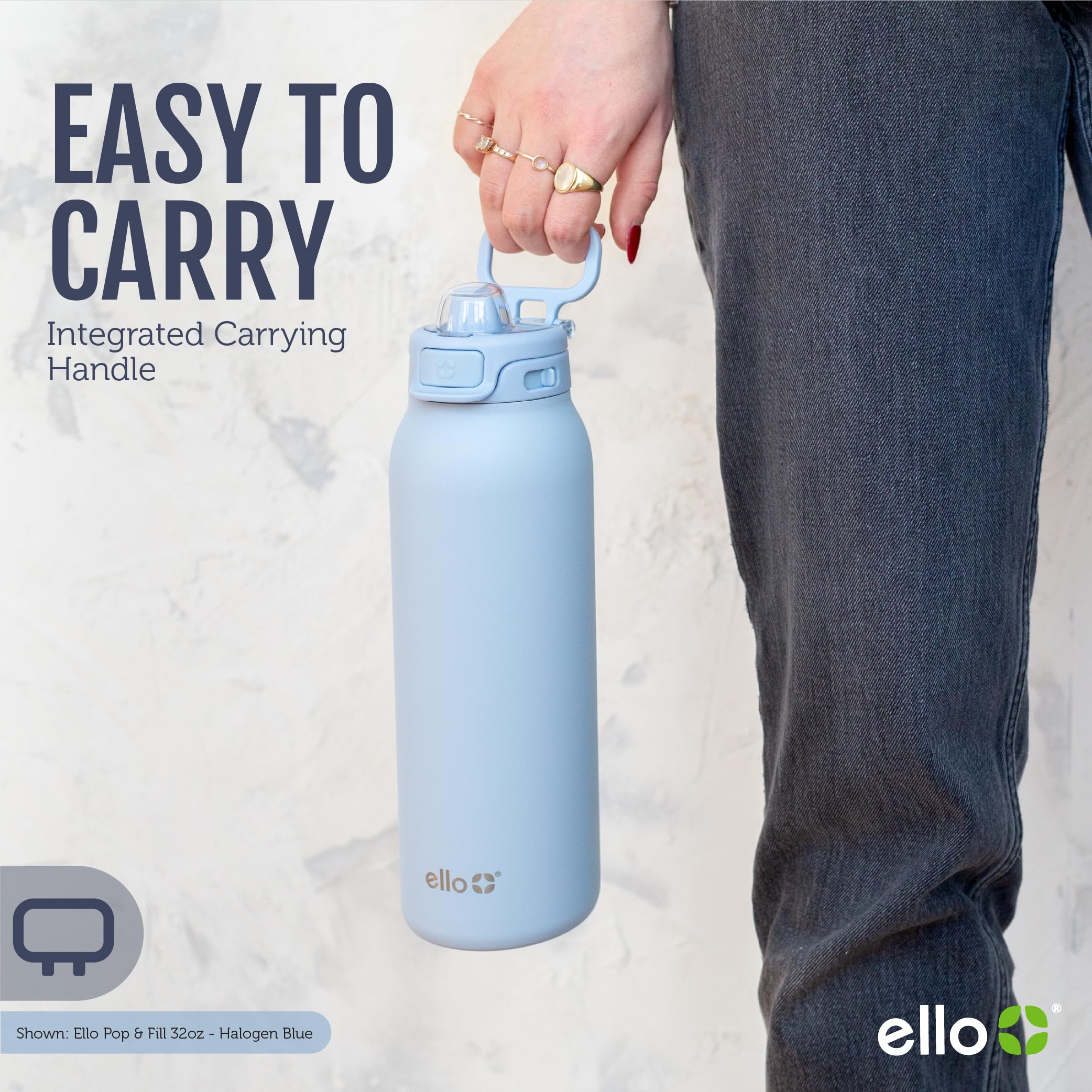 Ello Pop & Fill 32oz Stainless Steel Water Bottle with QuickFill Technology, Double Walled and Vacuum Insulated Metal, Leak Proof Locking Lid, Straw and Chug, Reusable, BPA Free, Gloss Daisies