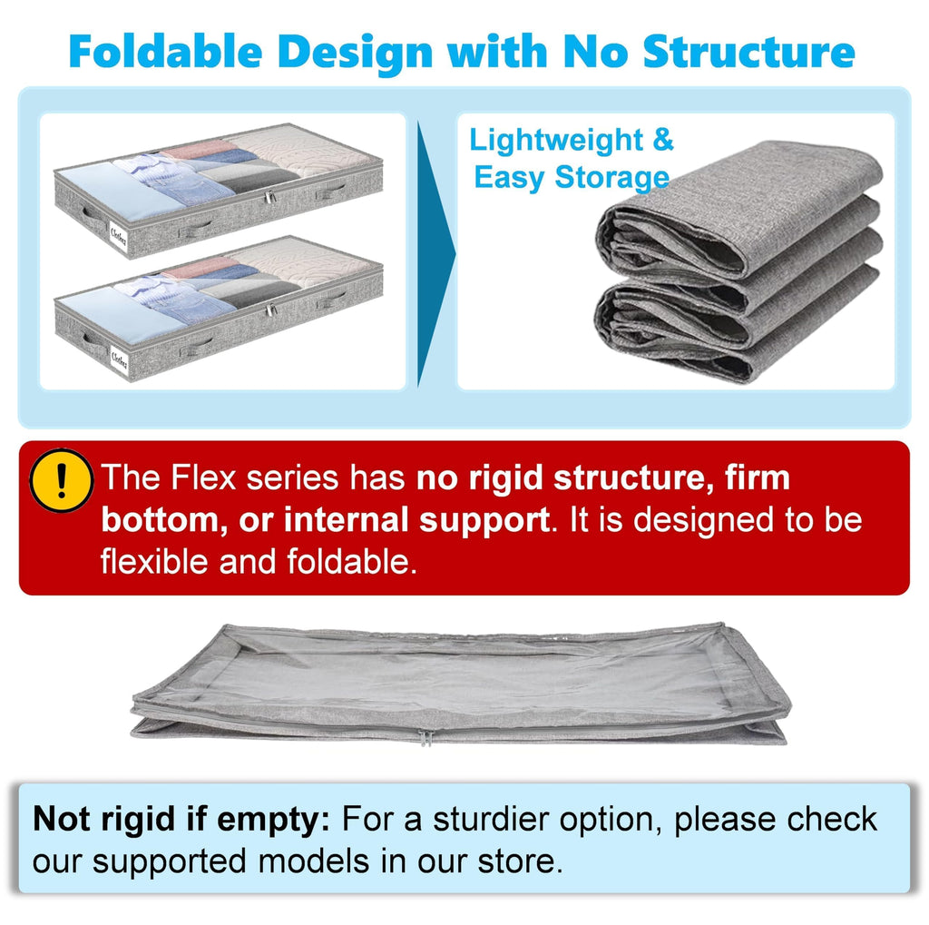 Under Bed Storage Bags 2 Pack, 4 Inch Foldable Underbed Storage Container Bins with NO STRUCTURE, Shallow Closet Organizer Storage Container for Dorm & Home, With Clear Lids & Reinforced Handles, Grey
