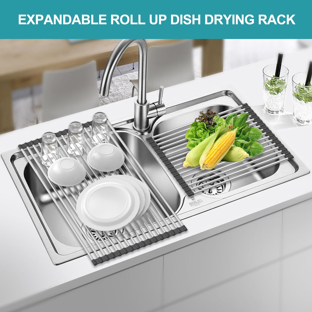 BBXTYLY Extra Large Expandable Roll Up Dish Drying Rack,Over The Sink Drying Rack Sink Cover Kitchen Sink Accessories Kitchen Rolling up Stainless Steel Drainer, Foldable,Rollable（Black，22.8''-12.4''）
