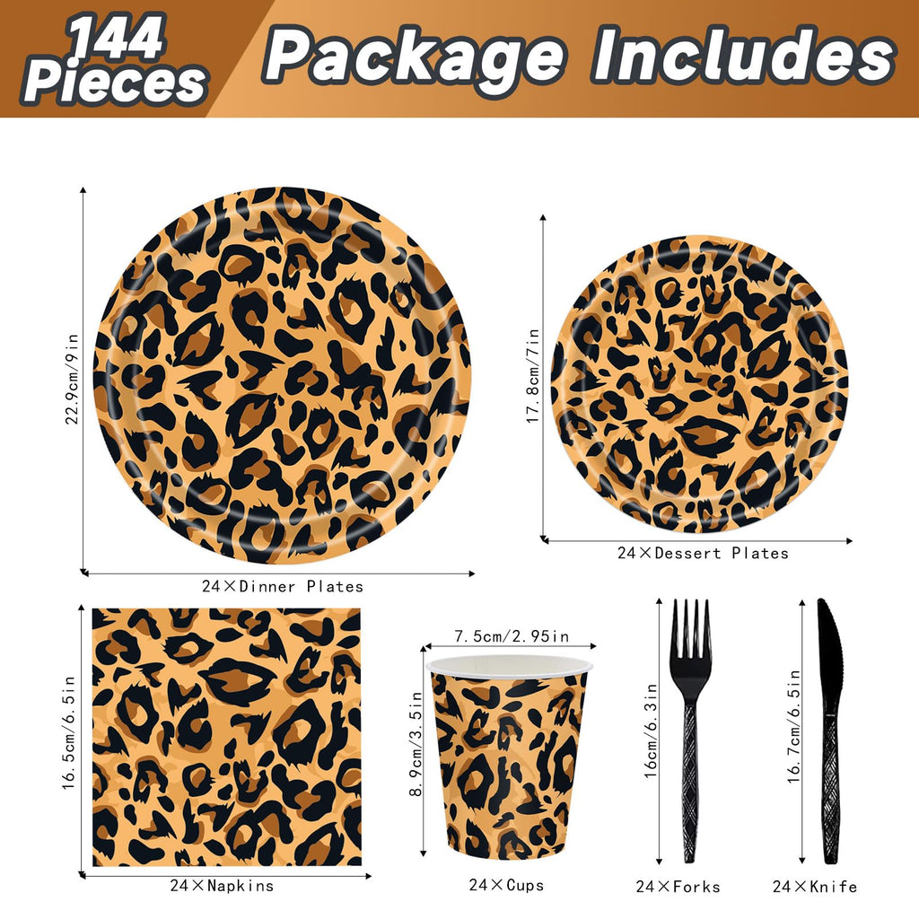 Poqirzan 144PCS Leopard Print Party Supplies Cheetah Print Party Tableware Set Paper Plates Napkins Cups Cutlery for Birthday Shower Baby Shower Jungle Safari Theme Party Decorations Serve 24