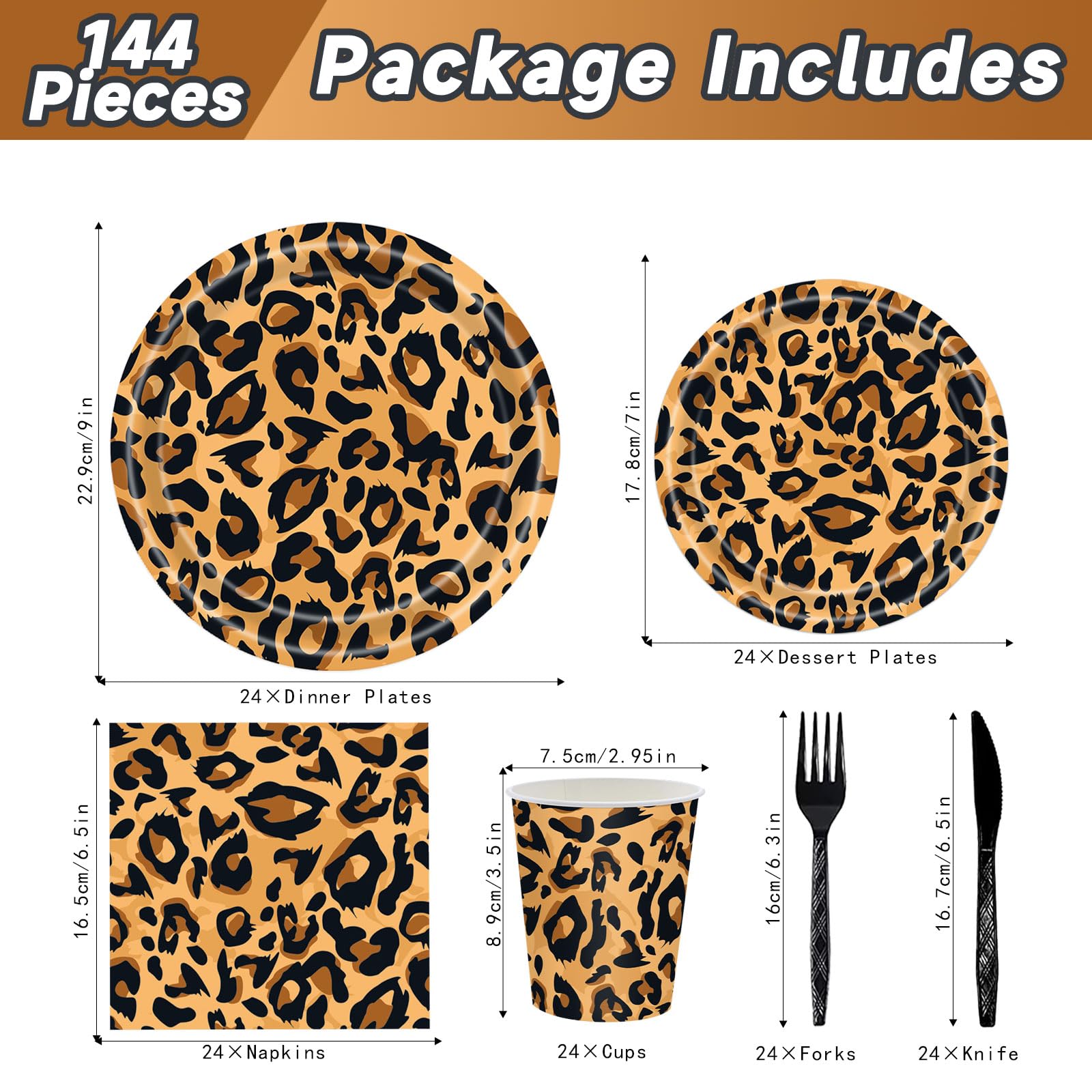 Poqirzan 144PCS Leopard Print Party Supplies Cheetah Print Party Tableware Set Paper Plates Napkins Cups Cutlery for Birthday Shower Baby Shower Jungle Safari Theme Party Decorations Serve 24