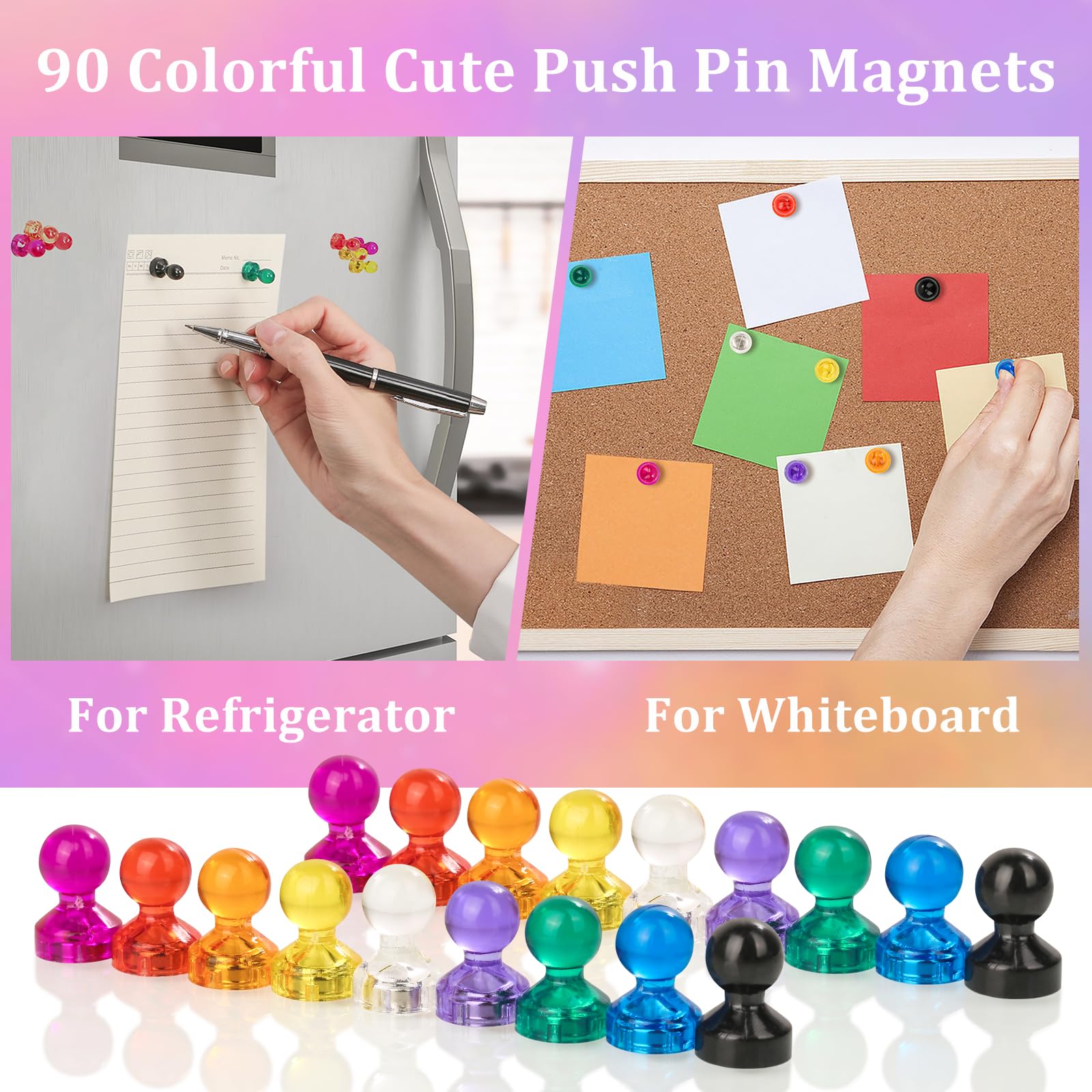 90 PCS Colorful Strong Magnetic Push Pins, 9 Assorted Colors for Office, Classroom, Kitchen, Home and School, Map and Whiteboard Magnets