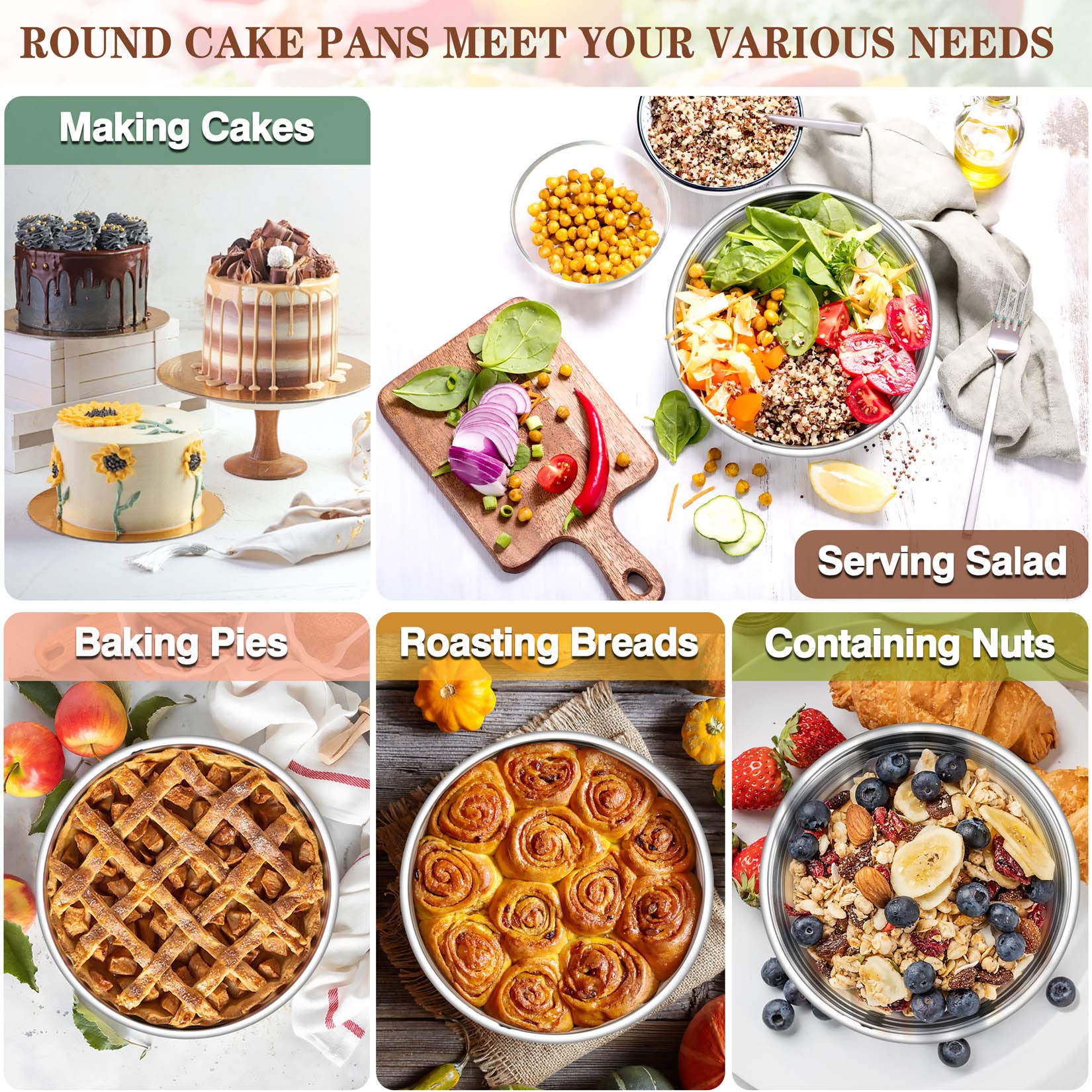 P&P Chef 6 Inch Cake Pans Set of 4, Round Baking Pan, Stainless Steel Birthday Wedding Metal Layer Cake Pans, Non Toxic & Healthy, Mirror Polished & Dishwasher Safe