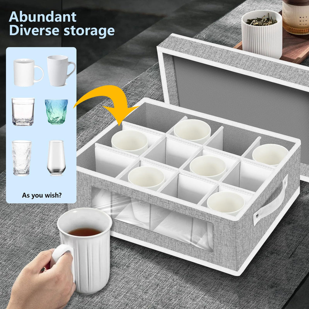 2 Pack Cup and Coffee Mug Storage Box Organizer with Dividers, China Storage Containers Hard Shell with 24 Compartments for Mugs Moving and Protection (Grey)