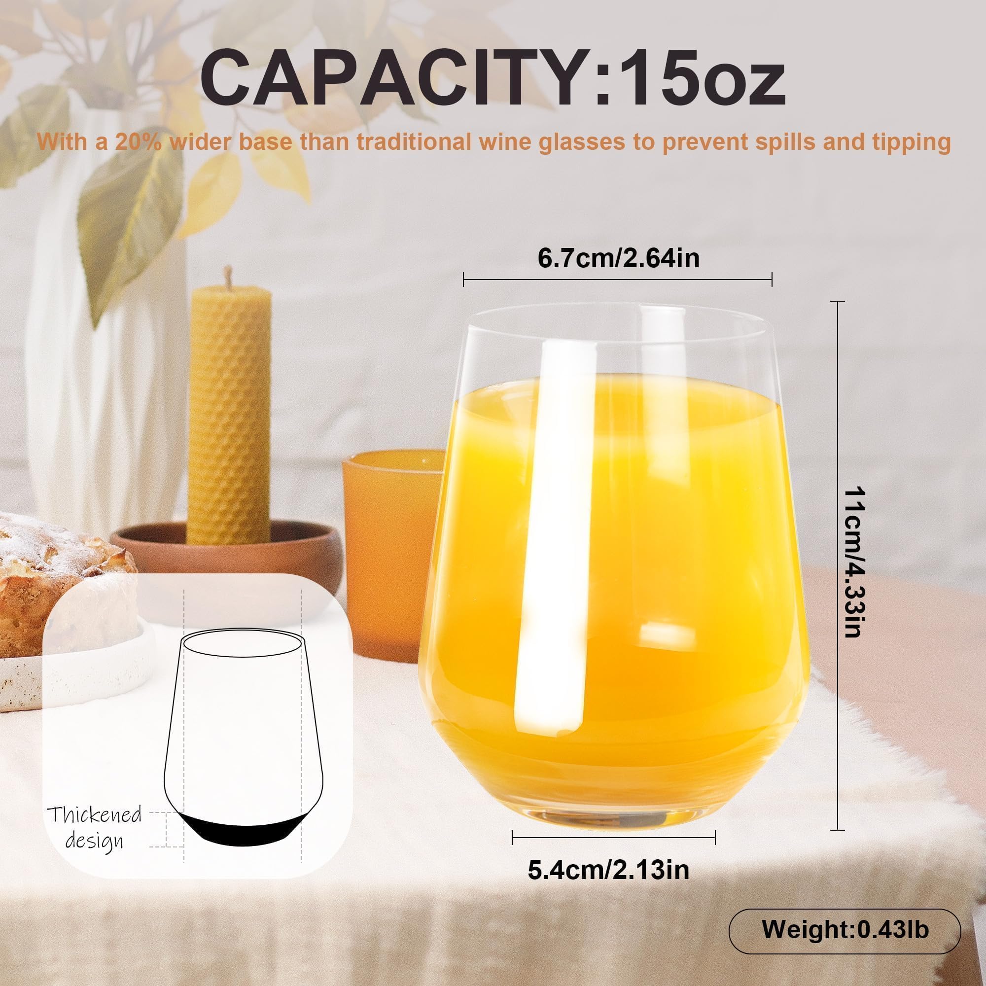 GLAZVIA Stemless Wine Glasses Set of 6, 15oz Clear Drinking Glassware Dishwasher Safe, Wine Glass Tumblers for Red or White, Gift for Party, Holiday, Anniversary, Restaurant, Home Bar, Daily Use