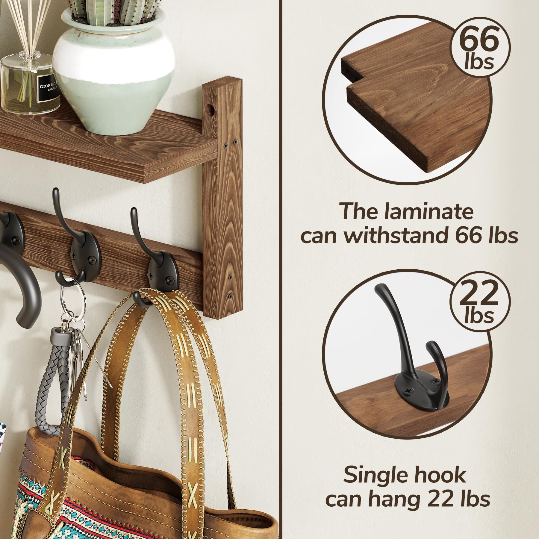 AMBIRD Retro Brown Wood Wall Mount Coat Hook Rack with 5 Dual Hooks and Shelf for Bathroom, Bedroom, Kitchen, Entrance