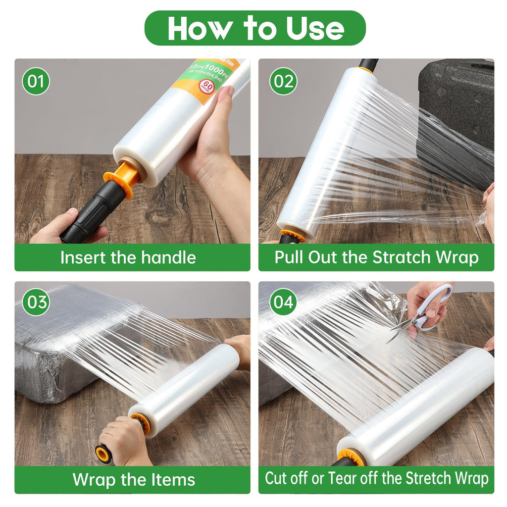 Stretch Wrap Stretch Film with Handles 15" X 1000 Feet Shrink Wrap Packing Moving Suppliers 60 Gauge Plastic Wrap for Pallet Wrapping Shipping and Surface Protection (1 Packs)