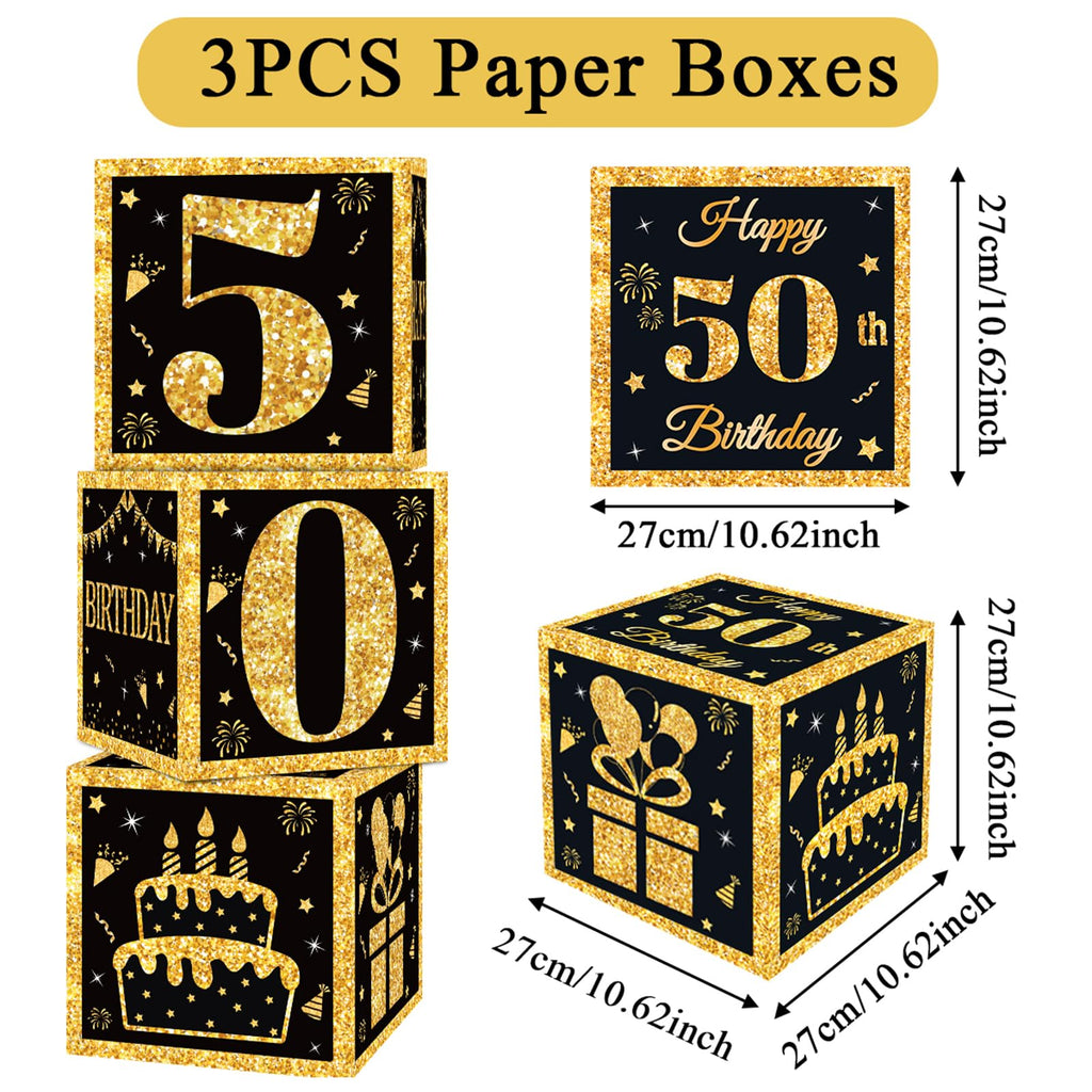 50th Birthday Decorations Boxes for Men- 3PCS Black Gold Happy 50th Birthday Balloons Boxes, 50 Year Old Party Supplies for Men Women