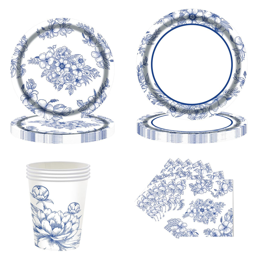 SKTMH 96Pcs Blue White Flower Party Decorations: Blue White Floral Tableware - Plates, Napkins, Cups - Tea Party Supplies - Disposable - Floral Birthday Decor