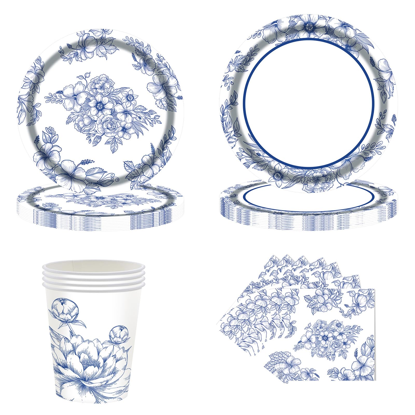 SKTMH 96Pcs Blue White Flower Party Decorations: Blue White Floral Tableware - Plates, Napkins, Cups - Tea Party Supplies - Disposable - Floral Birthday Decor