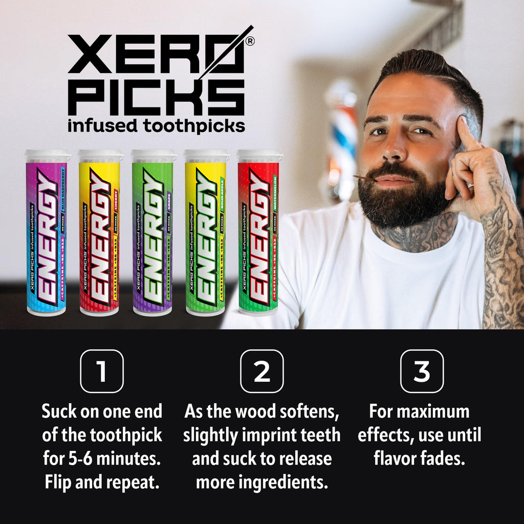 Xero Picks ENERGY Infused Flavored Toothpicks with Caffeine, B12, and B6 (Variety, 5 Pack)
