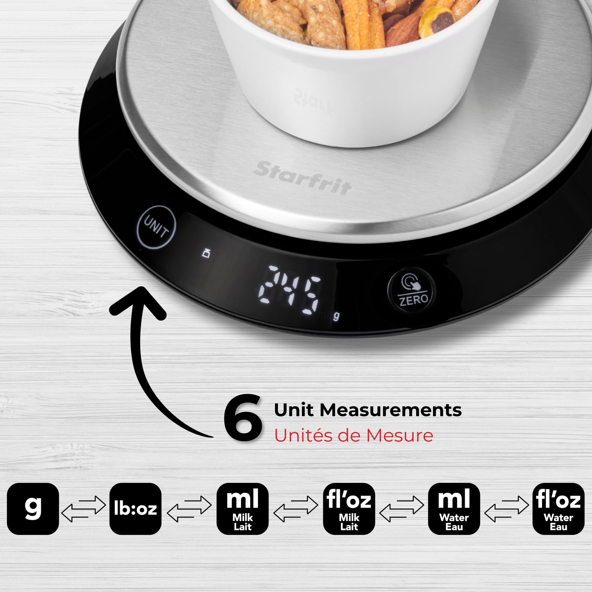 Starfrit Digital Baking Kitchen Scale - Stainless Steel Removable Bowl - 11 lb / 5 kg Capacity - Black