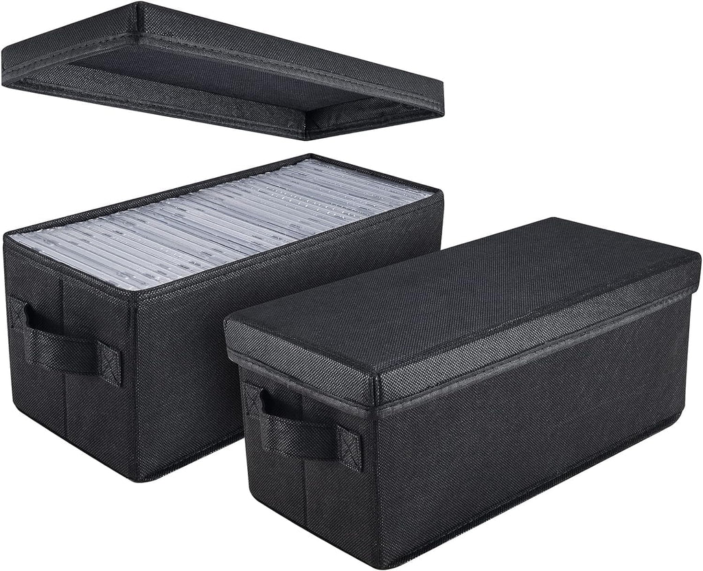CD Storage Box with Lid,Stackable CD Case Holder with Handles for Dust Protection, Portable CD Organizer for Music Collection (Black, 2pack)