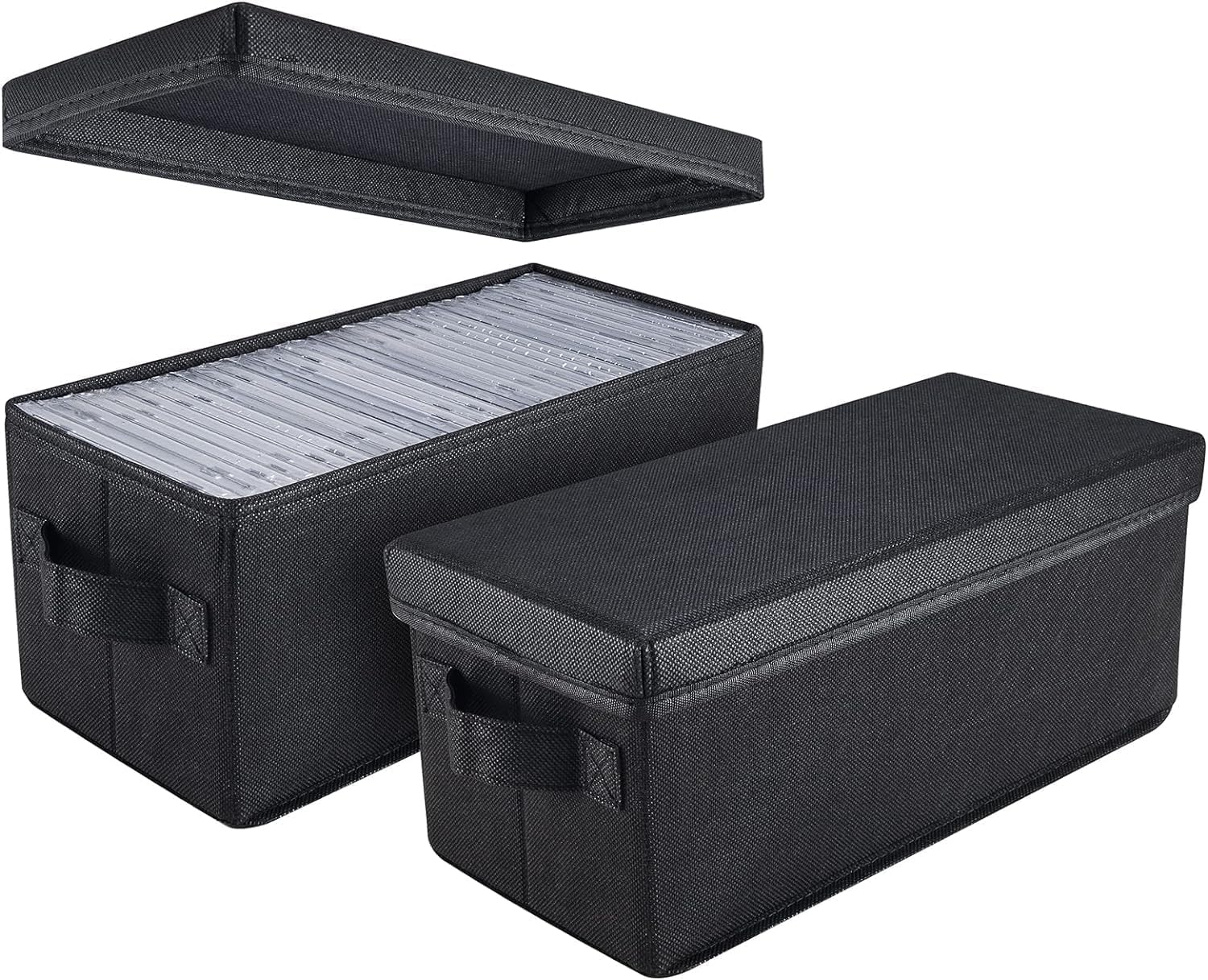 CD Storage Box with Lid,Stackable CD Case Holder with Handles for Dust Protection, Portable CD Organizer for Music Collection (Black, 2pack)
