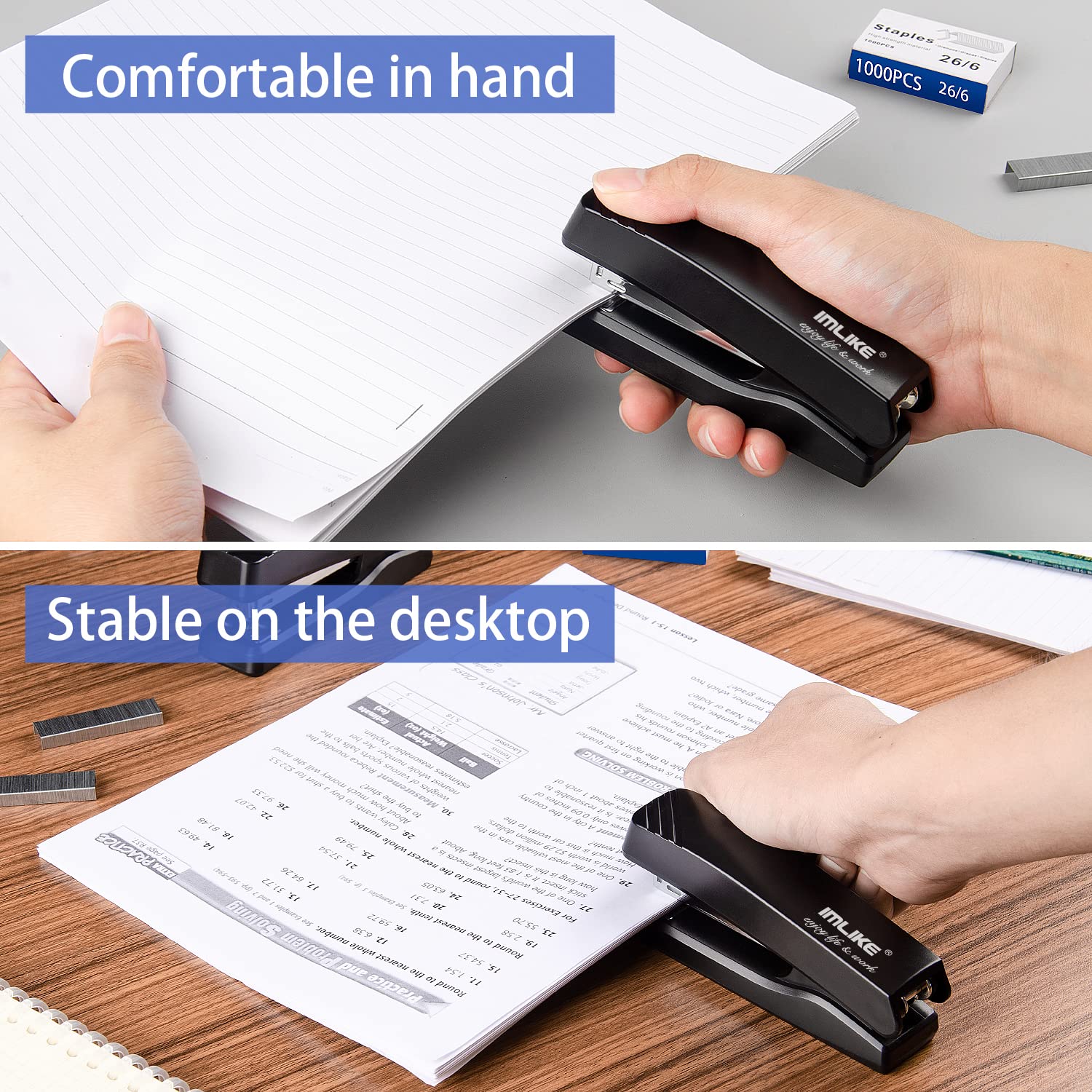 Desktop Office Stapler with 2000 Staples: IMLIKE Half Strip Desk Staplers, take 26/6 Staples 25 Sheets Capacity , Metal Construction, Non-Slip Base, Black, 2-Pack