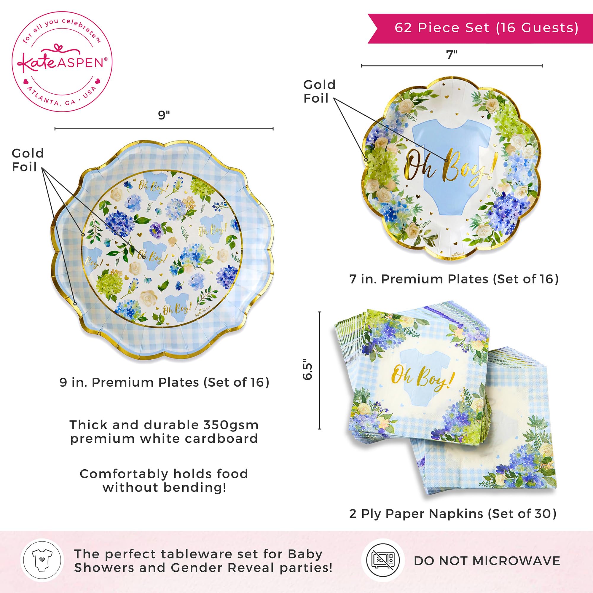 Kate Aspen Baby Shower Onesie Blue Floral & Gingham Tableware Set - 62pc. 16pcs 7 inch & 16pcs 9 inch Heavy Duty Disposable Party Plates, 30pcs 6.5 inch Durable Paper Napkins