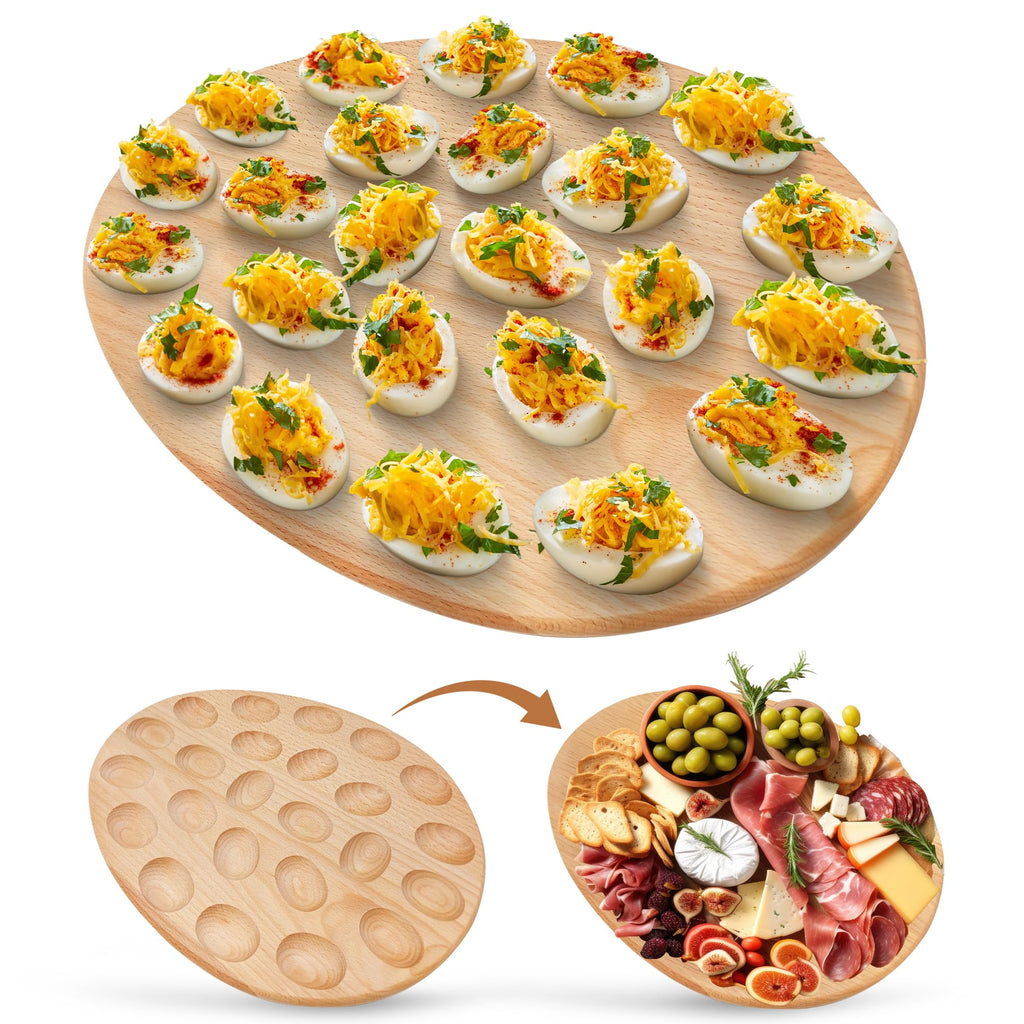 Namre' Wooden Deviled Egg Tray 24 Holes, 15 x 12in - Reversible Deviled Egg Platter & Charcuterie Board - Premium Quality Beechwood Deviled Egg Holder Ideal for Easter - Cutting Board Serving Tray