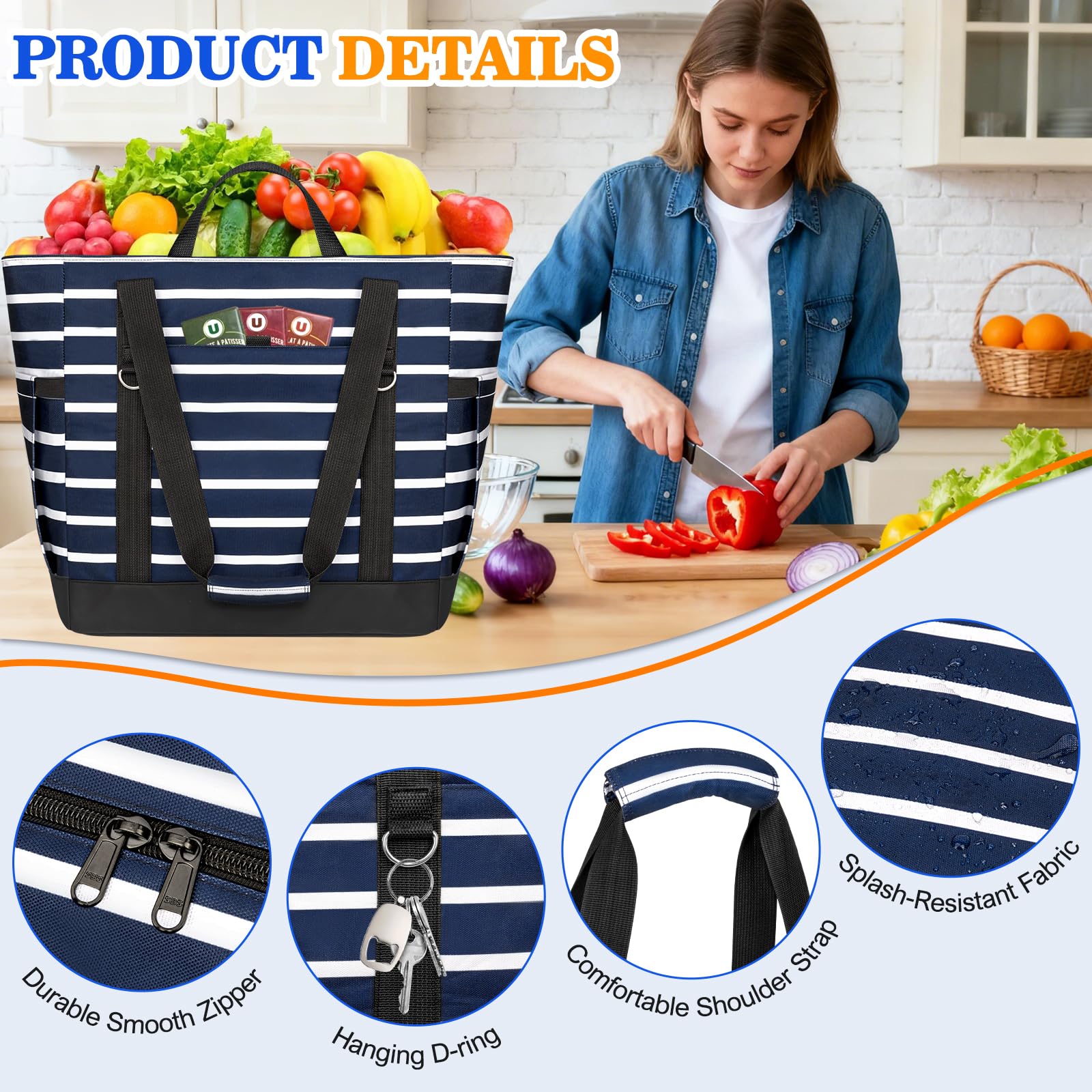 HUANLANG Soft Cooler Bag Insulated for Travel,Large Insulated Grocery Bags with Zippered Top,PEVA Collapsible Insulated Food Delivery Bag for Beach, Travel, Picnics