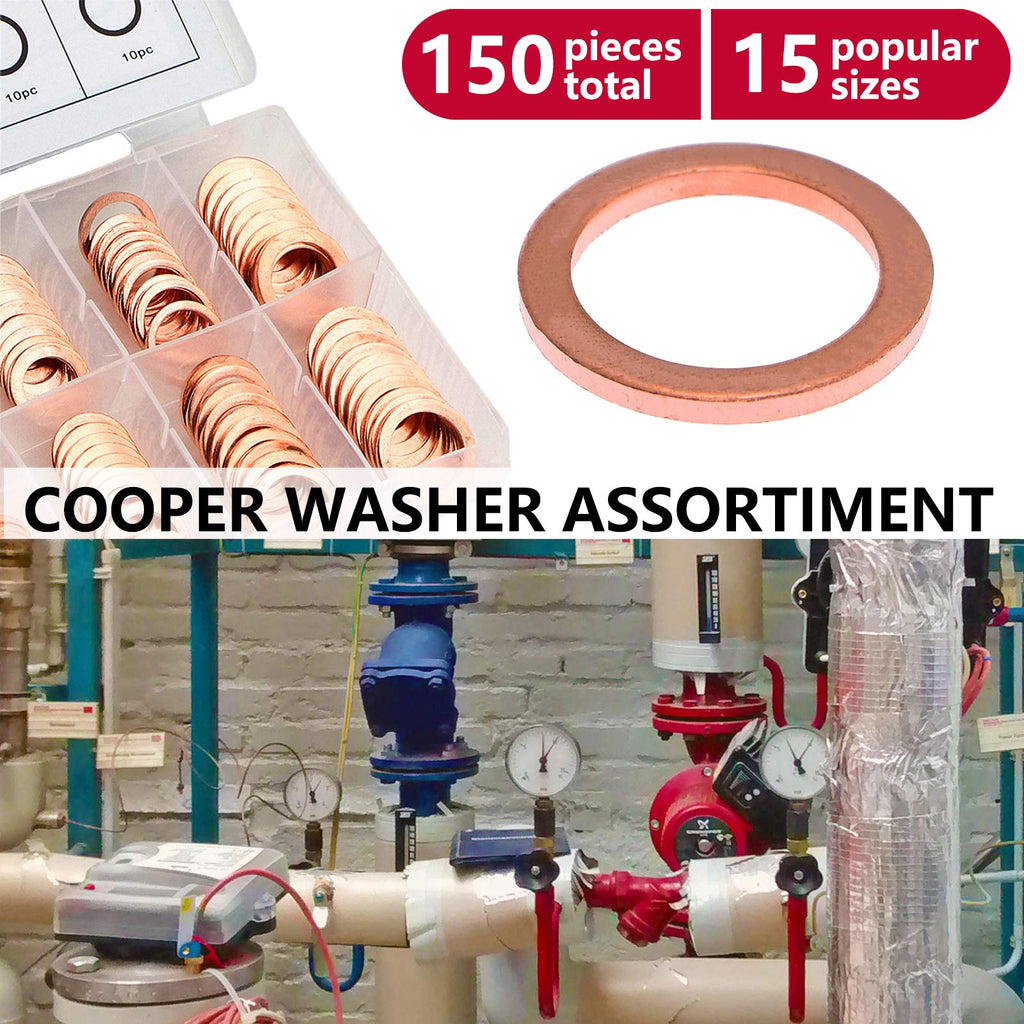 Toolwiz 150PCS 15 Sizes Copper Washers Metric Sealing Assortment Set Flat Ring Sump Plug Crush Washer Oil Drain Plug Gasket Seal Assortment Set M5/6/7/8/10/10.5/11/12/12.5/14/15/16/16.5/17.5