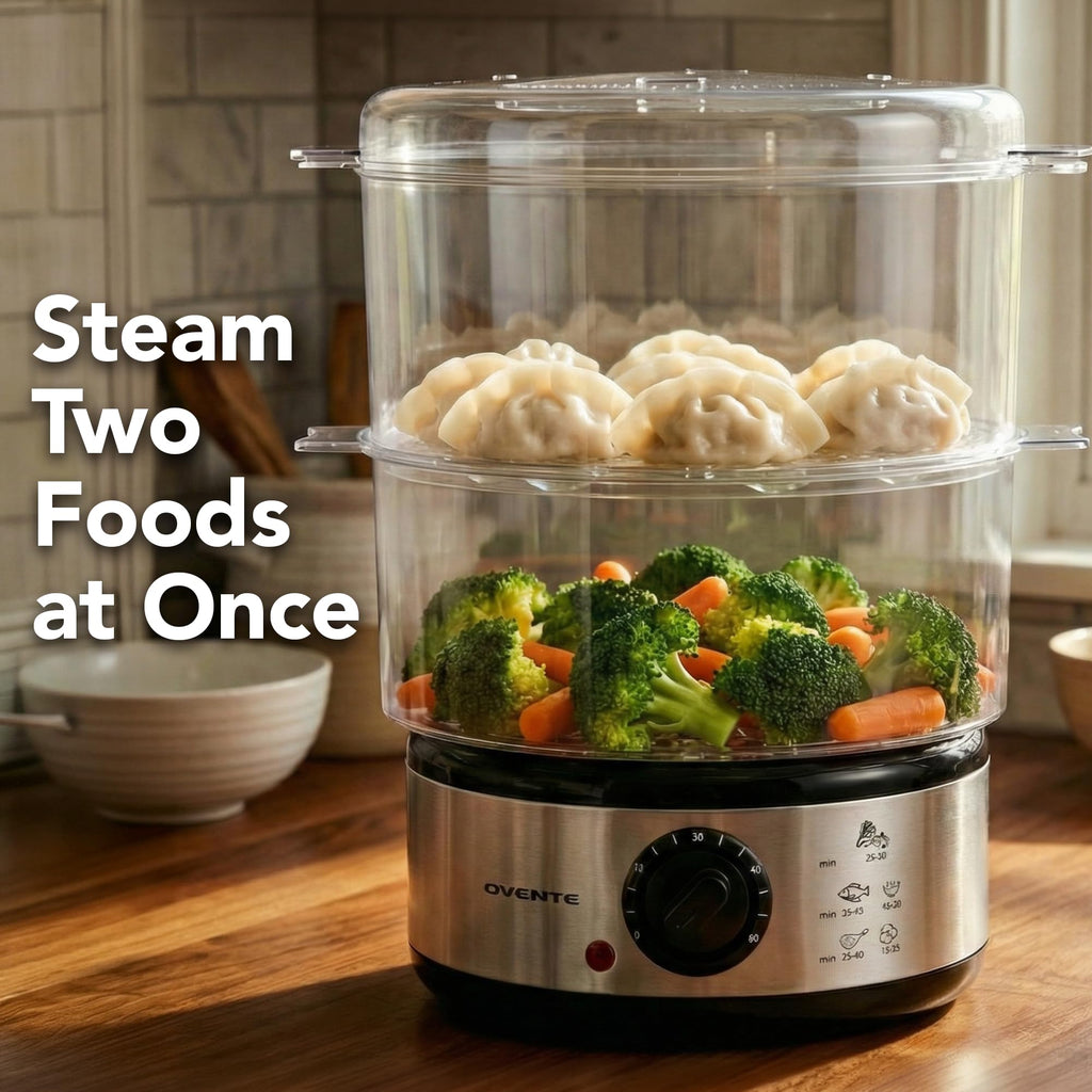 OVENTE 2 Tier Electric Food Steamer for Cooking Vegetables, Stainless Steel Base, Stackable and Dishwasher Safe Baskets, 400W with Auto Shutoff and 60-Minute Timer, 5 Quart Capacity, Silver FS62S
