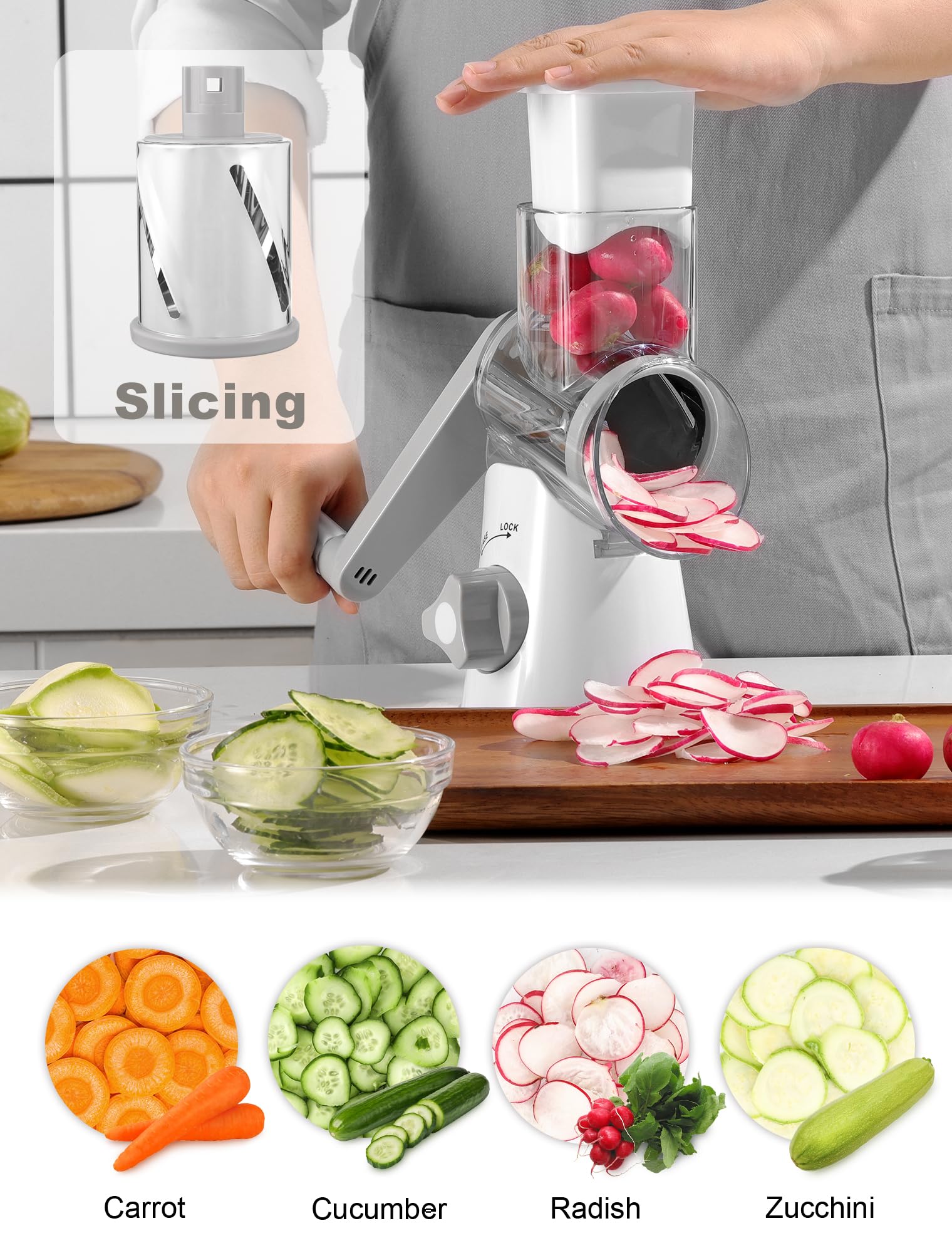 Cheese Grater Rotary, Rotary Grater for Kitchen, Kitchen Grater Vegetable Slicer with 3 Drum Blades, Fast Cutting Cheese Shredder for Vegetables and Nuts