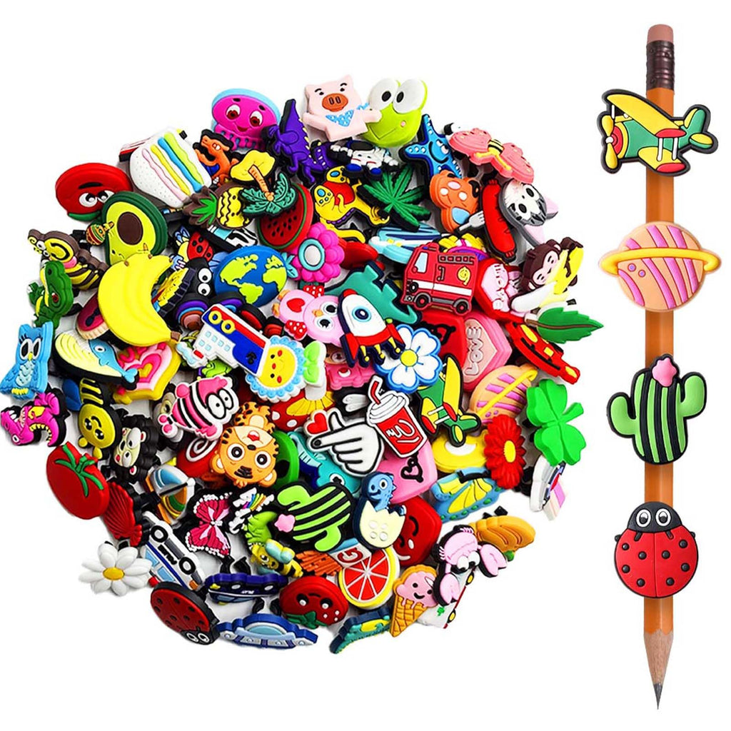 100Pcs Pencil Charms, Pencil Topper Decoration, Cute PVC Different Charms Clips Designs, Cute School Supplies Classroom Rewards and Prizes