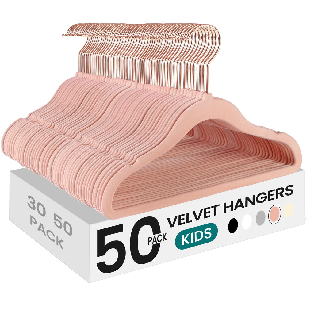 SONGMICS Baby Kids Hangers 50 Pack for Closet, 11.8 x 8.1 Inches, Rose Gold 360° Swivel Hooks, Space-Saving Clothes Velvet Hangers for Nursery, Non-Slip, Jelly Pink UCRF027P01